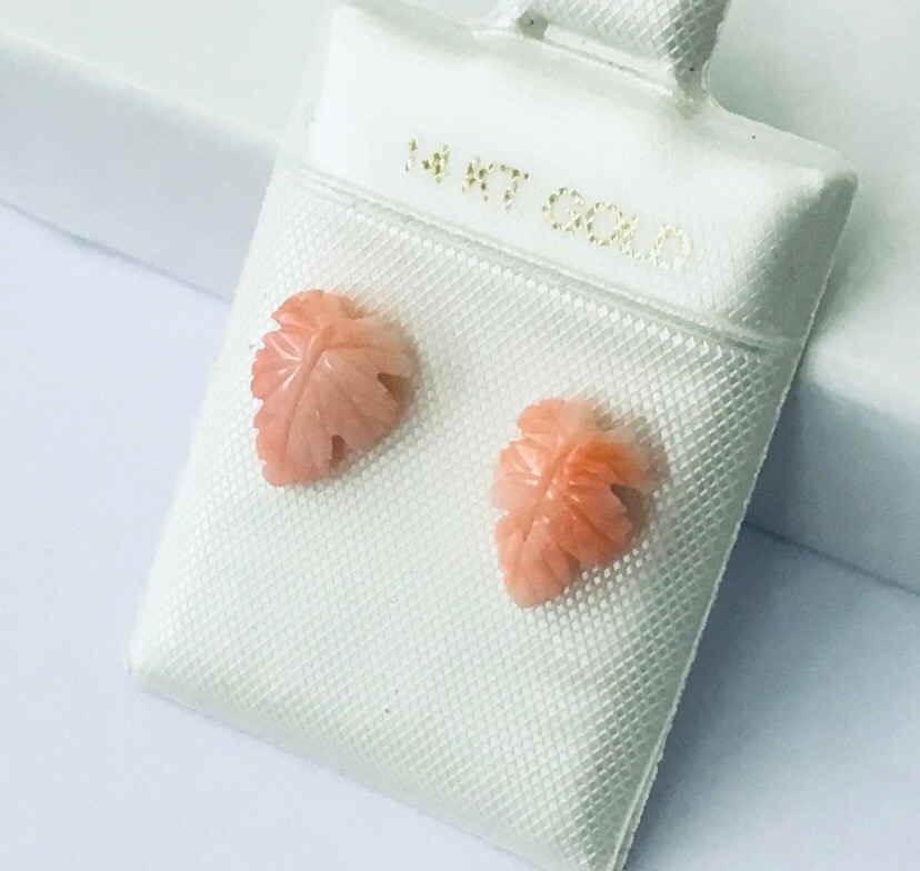 Solid 14K Gold Genuine Pink Coral Hand Carved Leaf Stud Earrings NEW