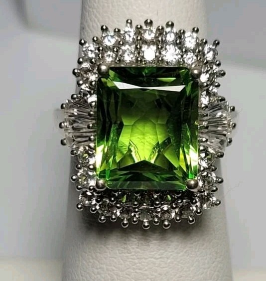 Radiant Cut Chartreuse Quartz, White Zircon Cocktail Ring Sterling Siver Sz 5