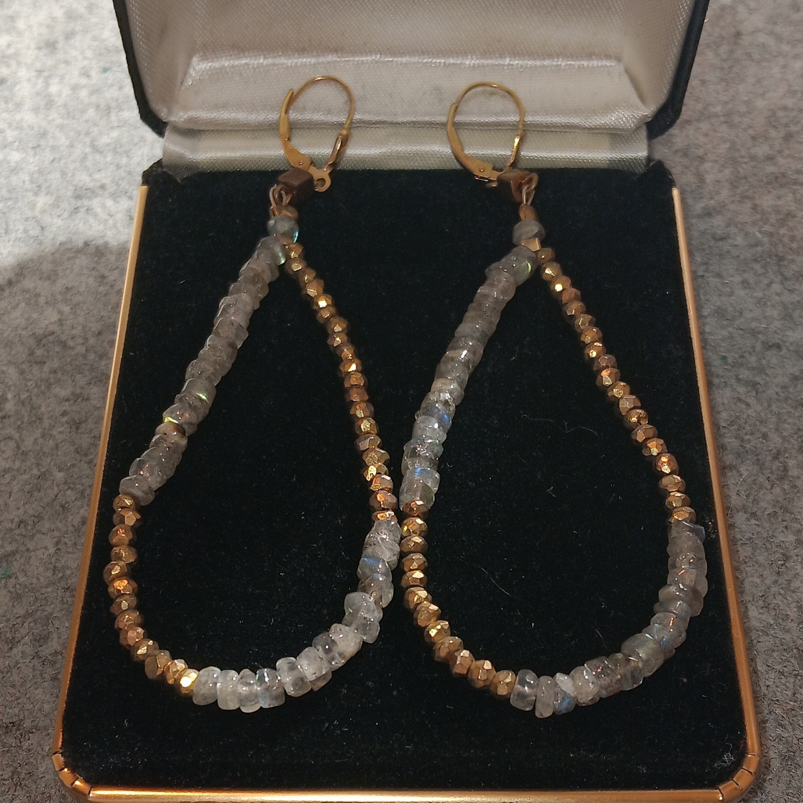 Handcrafted 14K GF Leverback Earrings Faceted Gold & Labradorite Bead Dangle