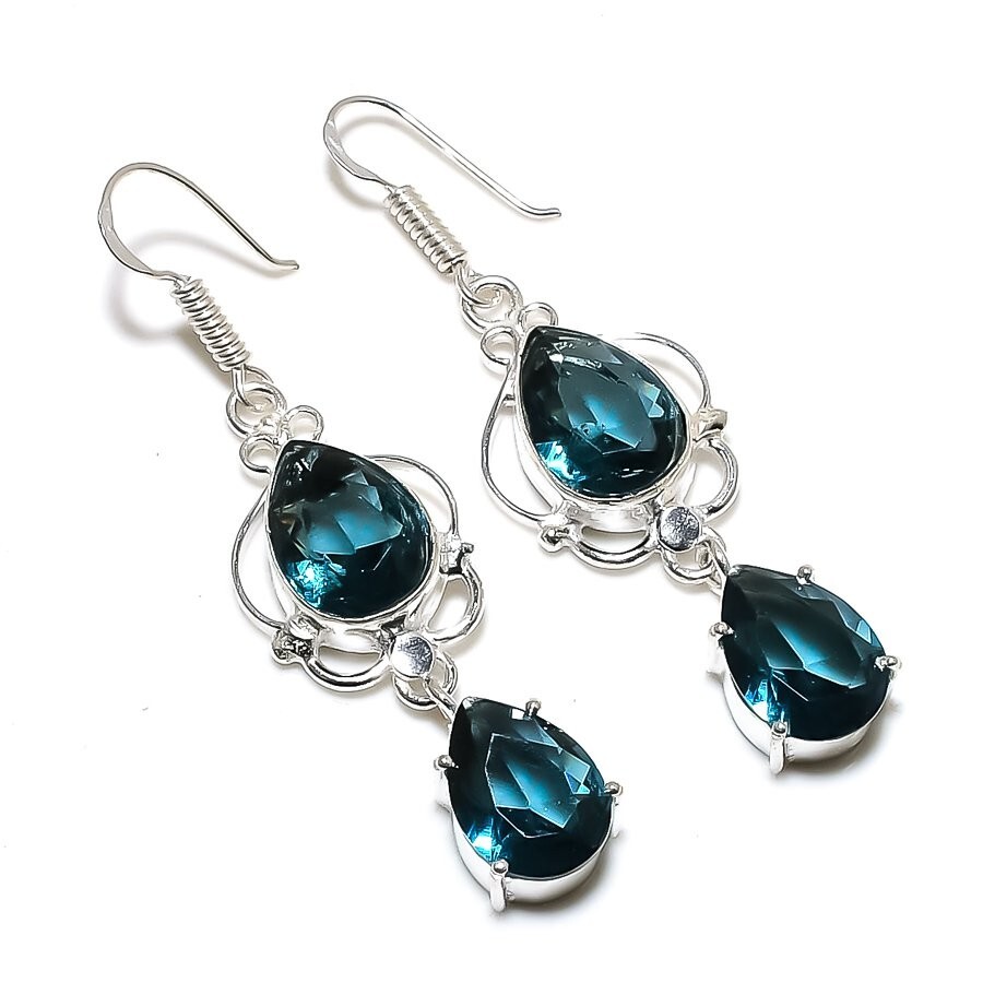 London Blue Topaz Gemstone Handmade 925 Sterling Silver Jewelry Earring Sz 2.25″