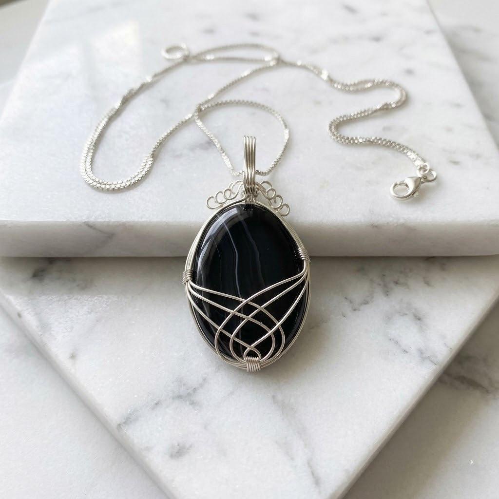 Elegant Black Obsidian Oval Necklace 150Ct | Silver Wire Wrapped Pendant