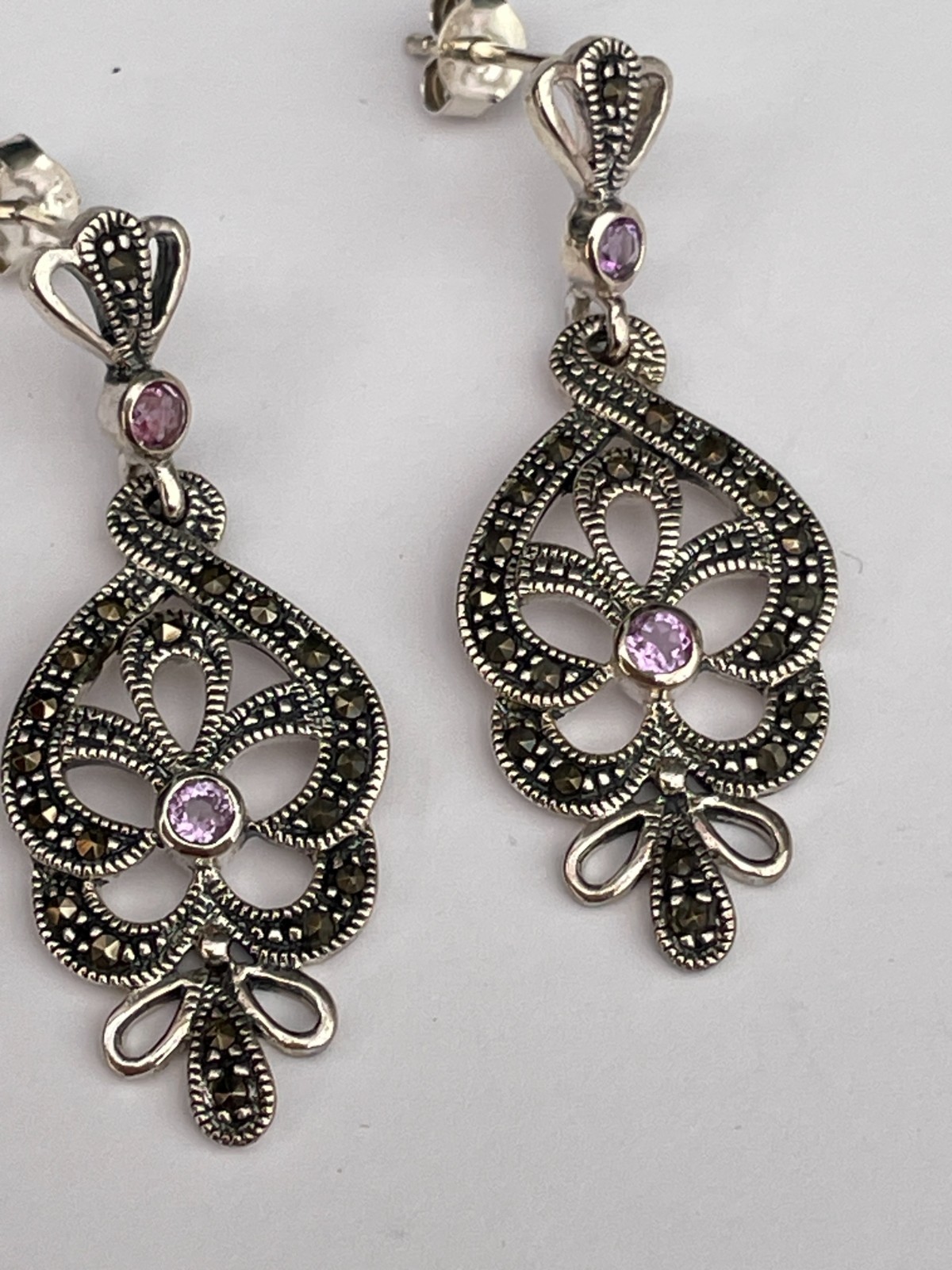 Large 925 Sterling Silver Amethyst Marcasite Drop Dangle Earrings Length 3.7 cm