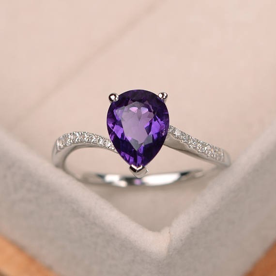 1.70 Ct Pear Cut Natural Amethyst Diamond Proposal Ring 14K White Gold Size 7