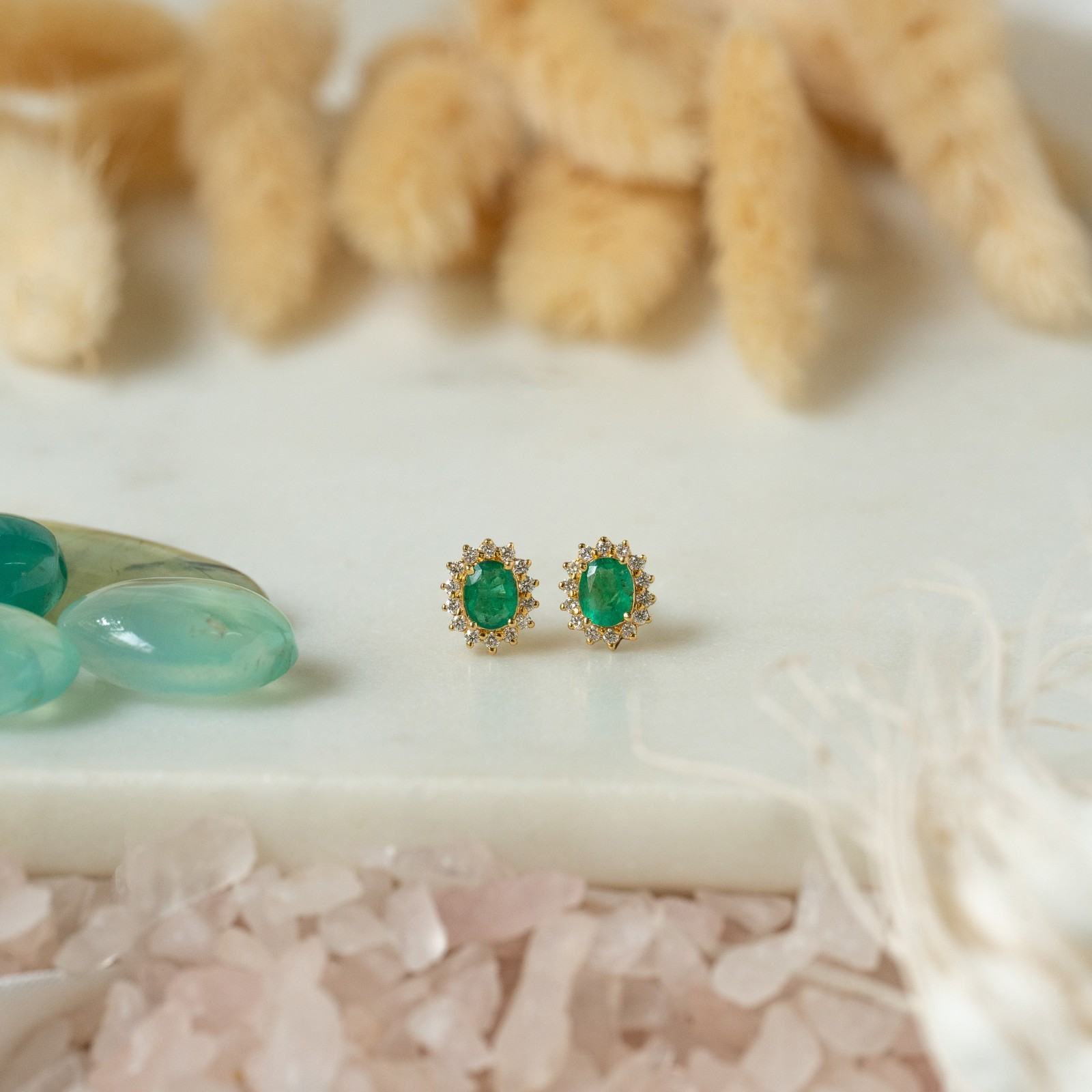 Natural Emerald Diamond Halo Stud Earrings 14K Yellow Gold