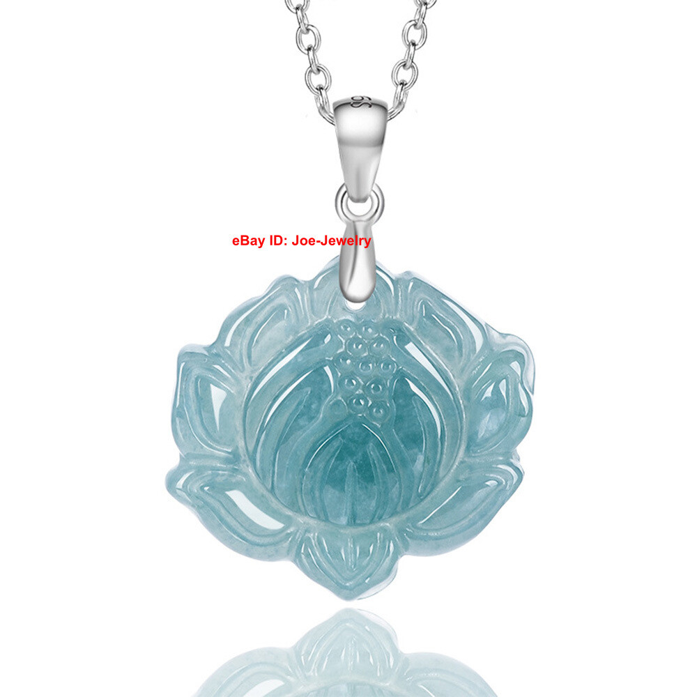 Solid 925 Sterling Silver With Natural Green Jade Lotus Flower Pendant 20.9mm H