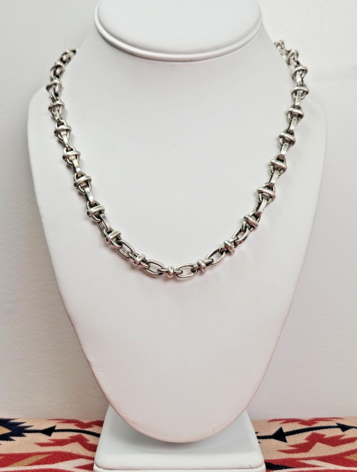 Vintage Sterling Silver Oval & Bar Link Statement Necklace 19″ 63gr HEAVY Chunky