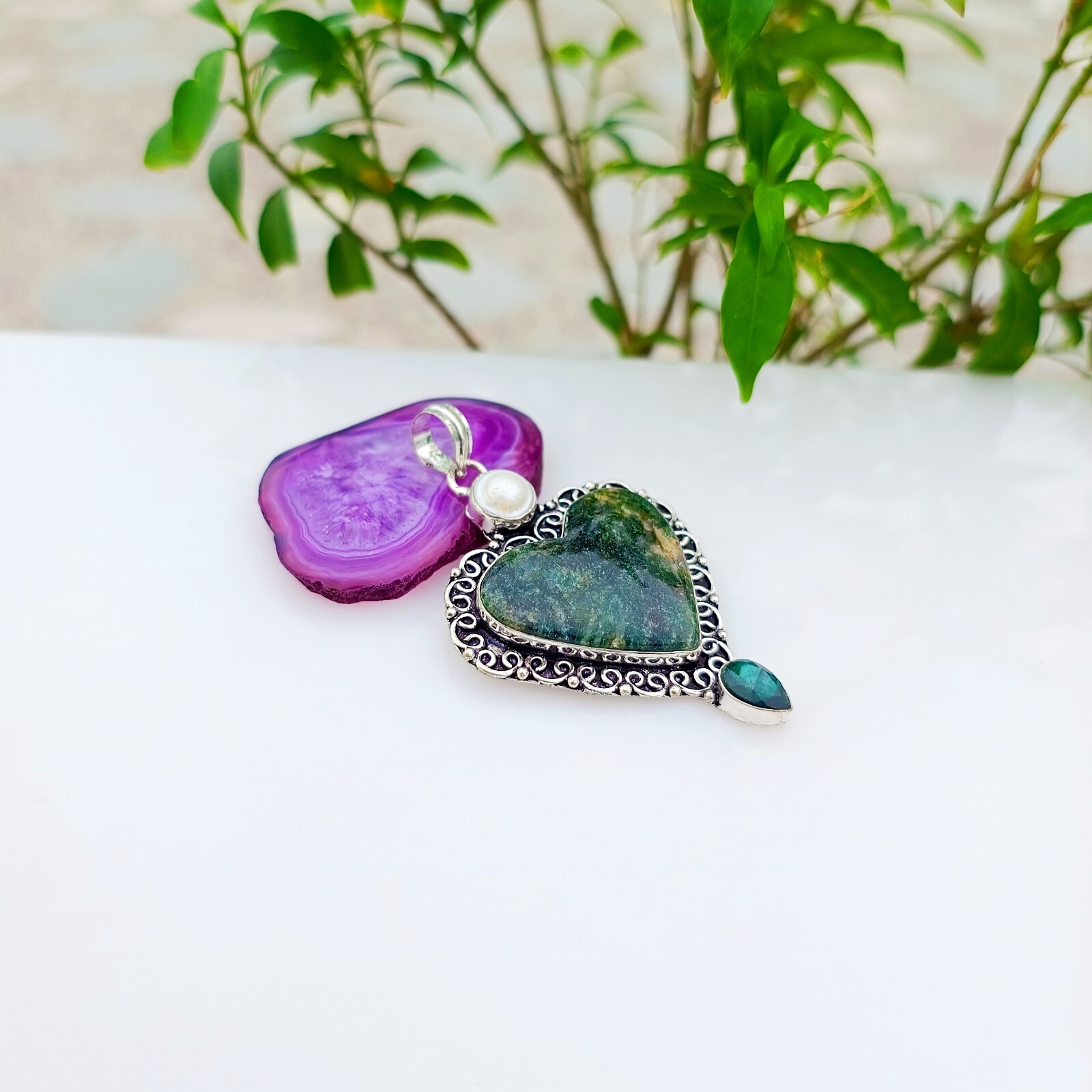Tree Agate Gemstone Hear Shape Pendant 925 Sterling Silver Handmade Jewelry