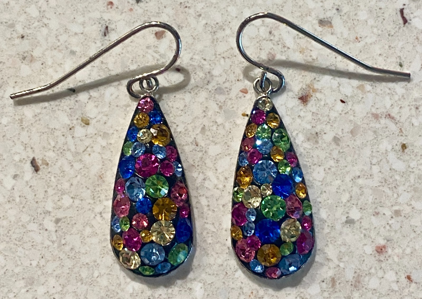 JCM Brass Silver Tone Teardrop Dangle Drop Multi Colored Rhinestone Earrings