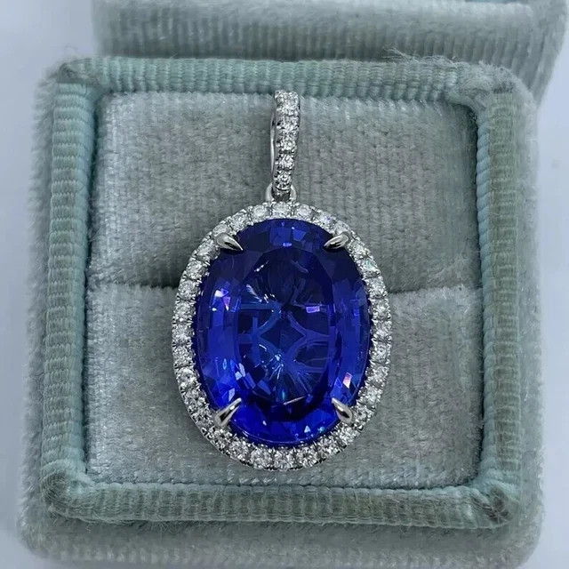 2.50Ct Oval Cut Lab-Created Blue Tanzanite Halo Pendant 14K White Gold Plated