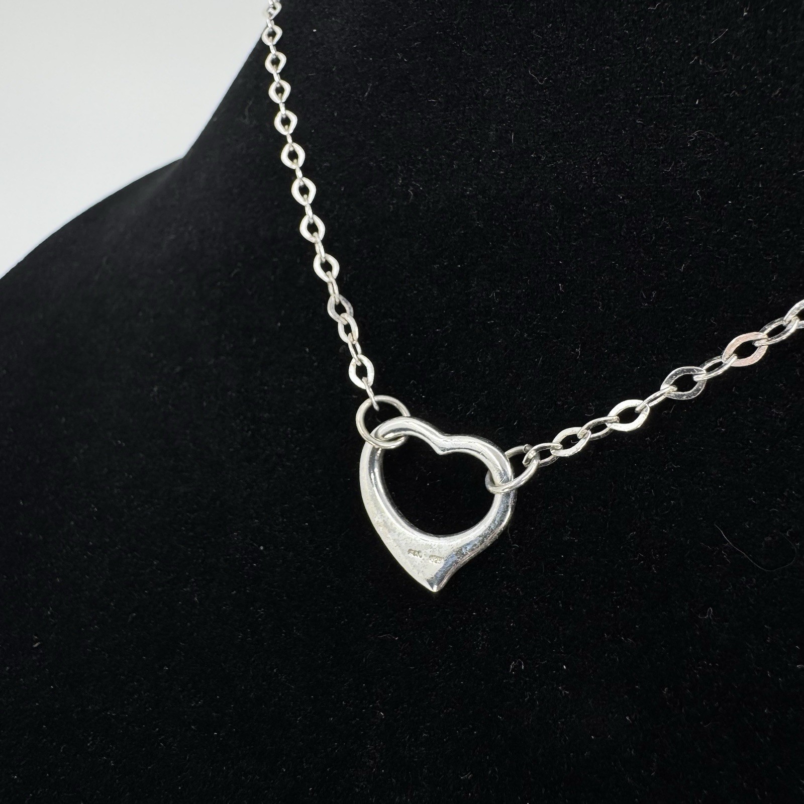 Sterling Silver Floating Open Heart Fixed Pendant Necklace Signed FAS 15.5”