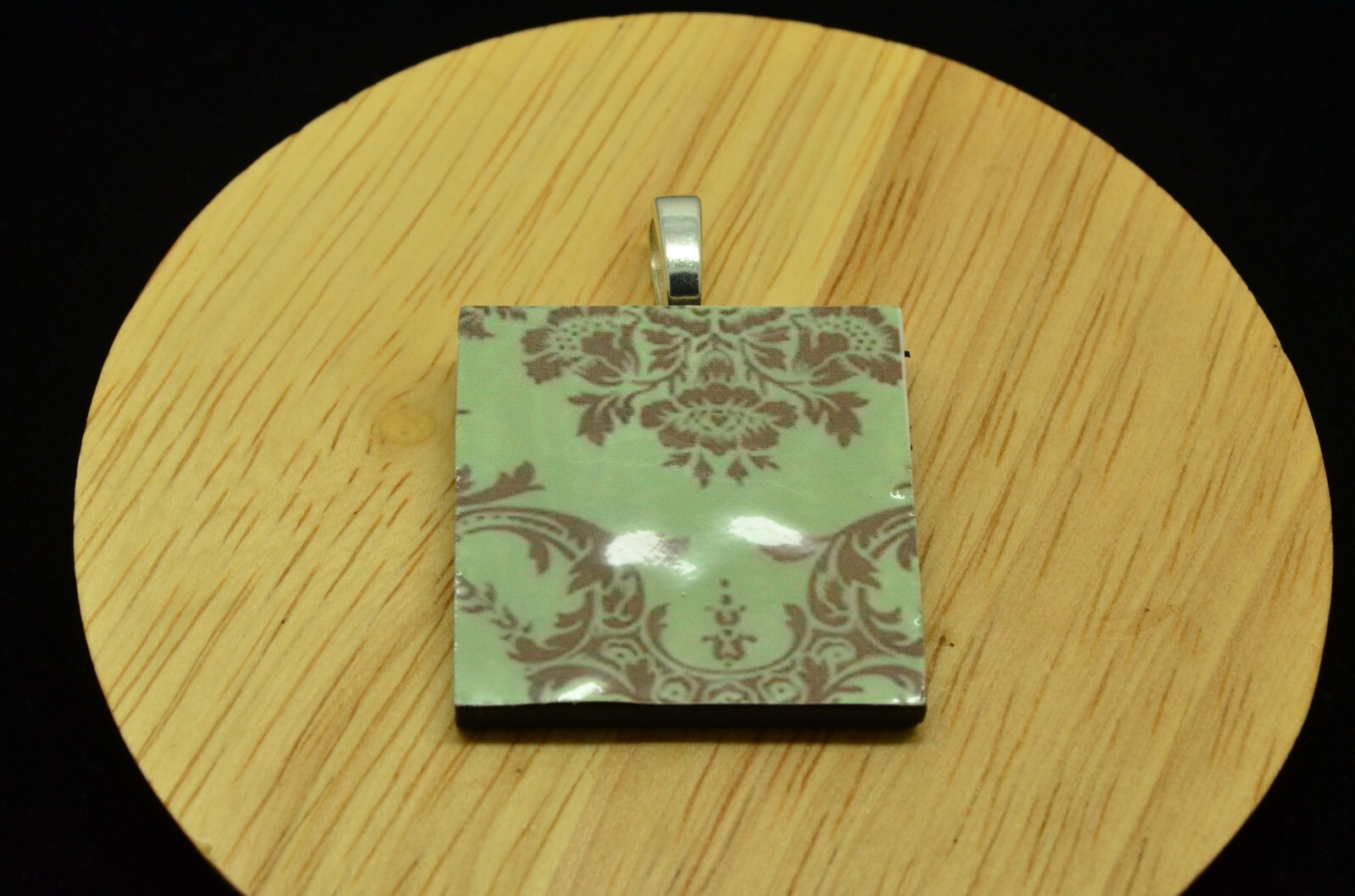 925 Sterling Silver square printed design pendant charm