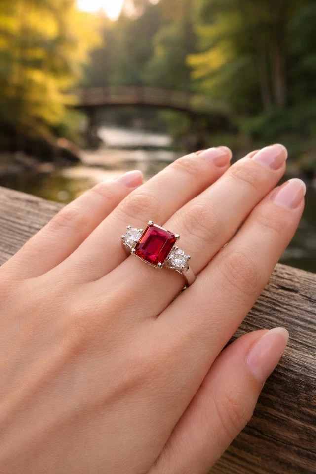 4.05 Ct Emerald Cut Natural Ruby Diamond Engagement Ring 925 Sterling Silver