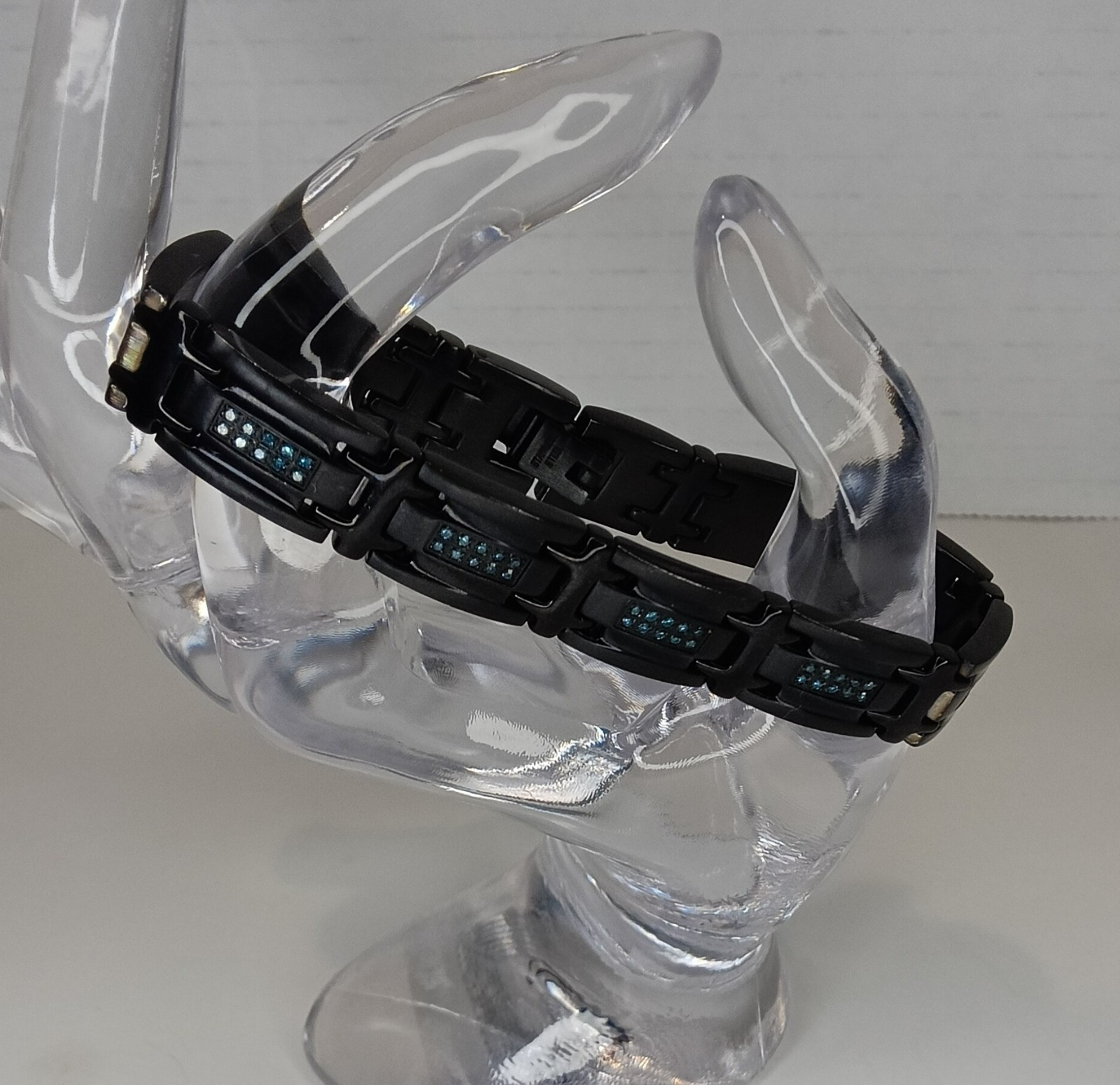 Blue Diamond and Black Ion-Plated Stainless Steel Link Bracelet unisex Men Women