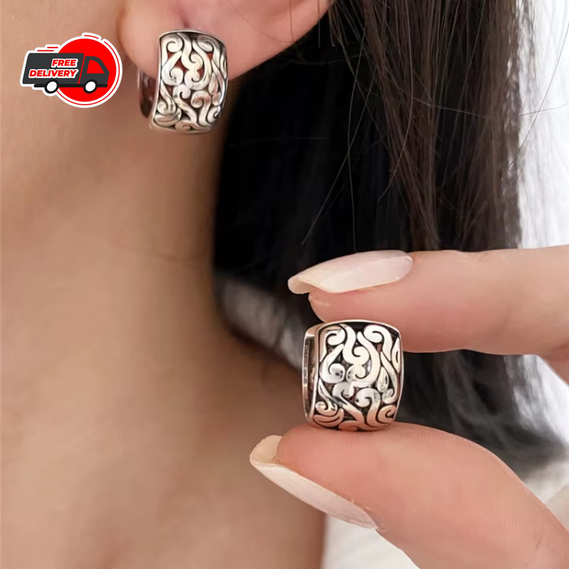 Fashion Women’s Earrings Sterling Silver Retro Filigree Oriental Huggie