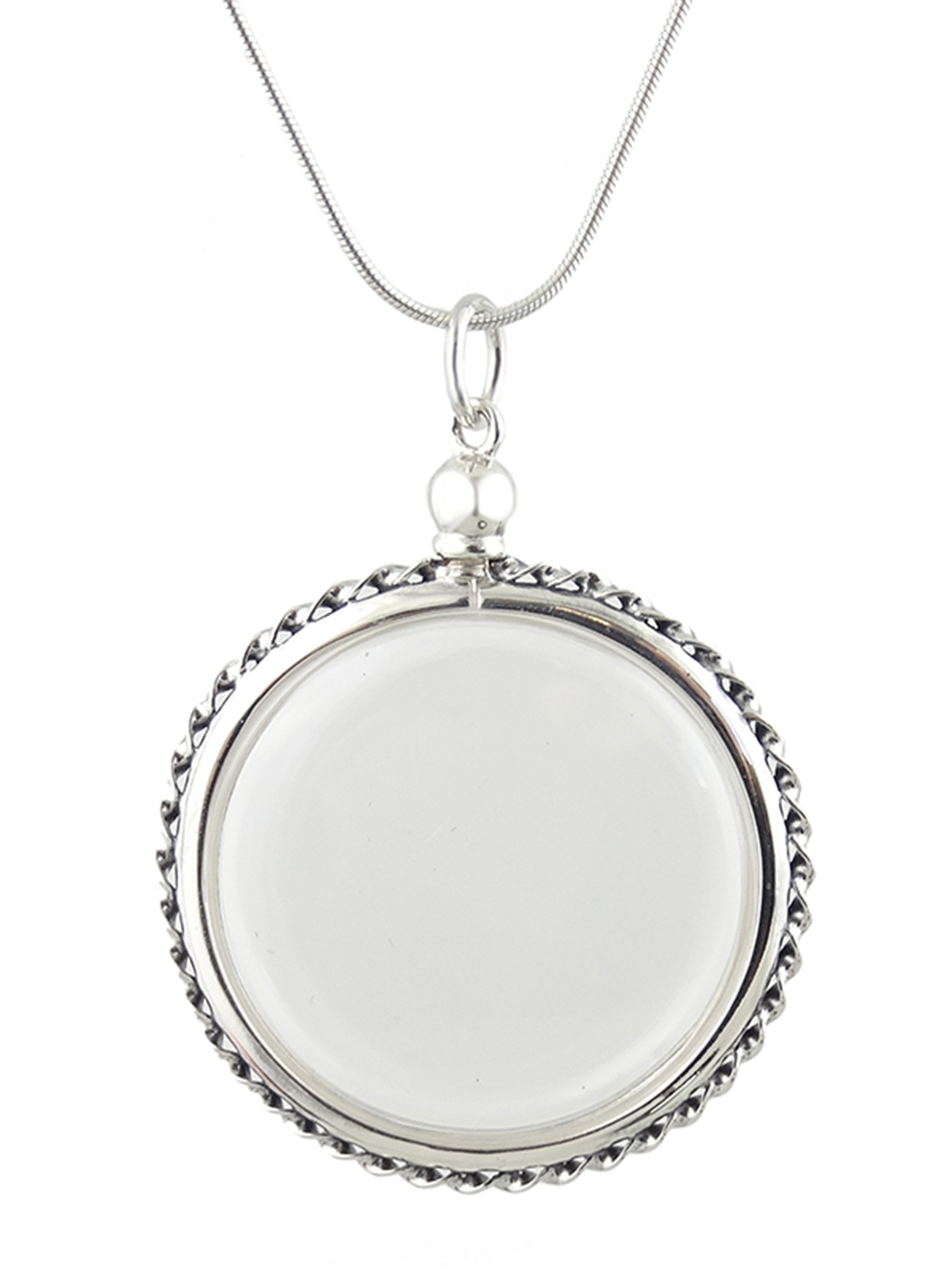 Clear Acrylic Large Floating Locket with Sterling Silver Frame, 18″ Snake Chain