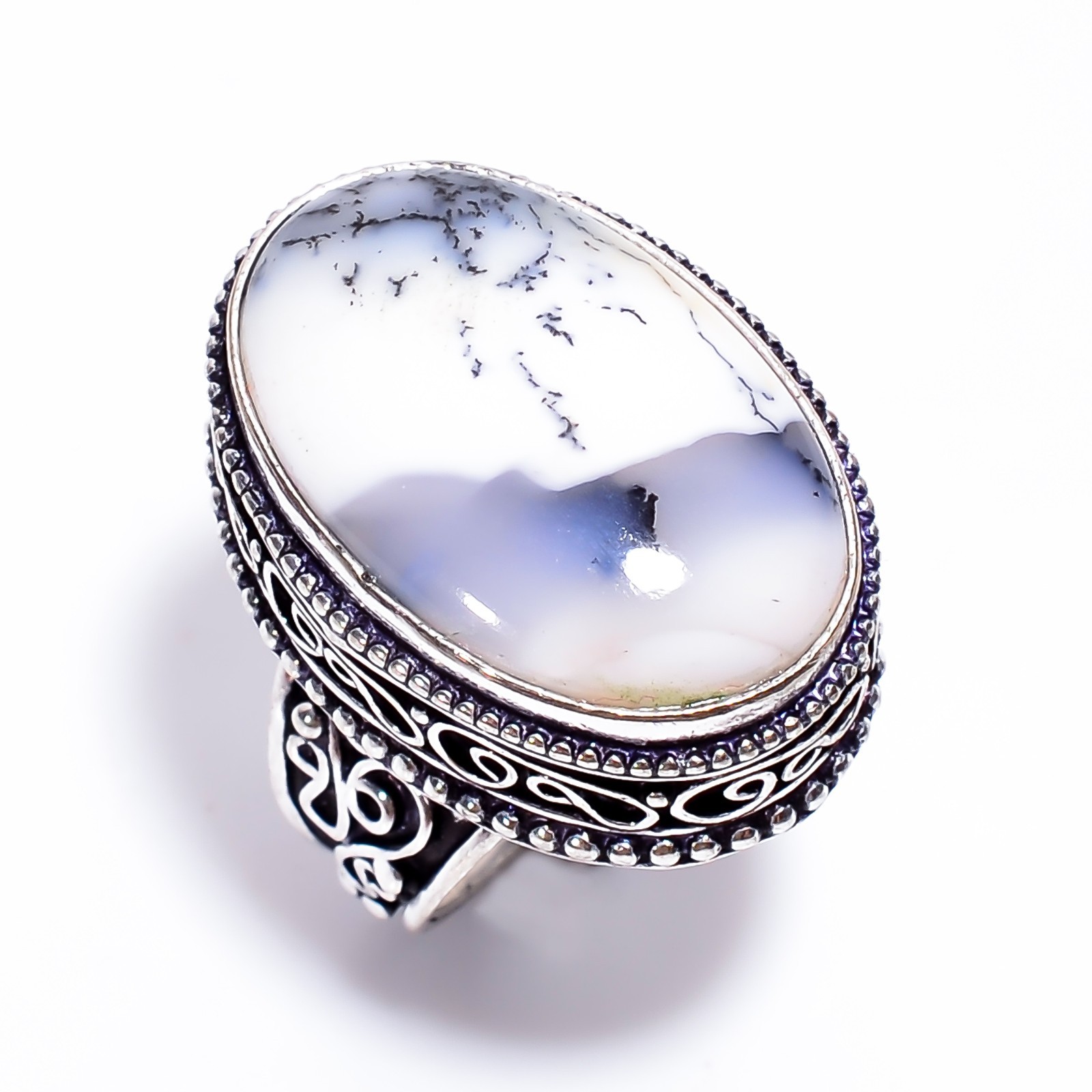Trendy Natural Dendrite Opal Gemstone 925 Sterling Silver Ring 7 US Gift For Her