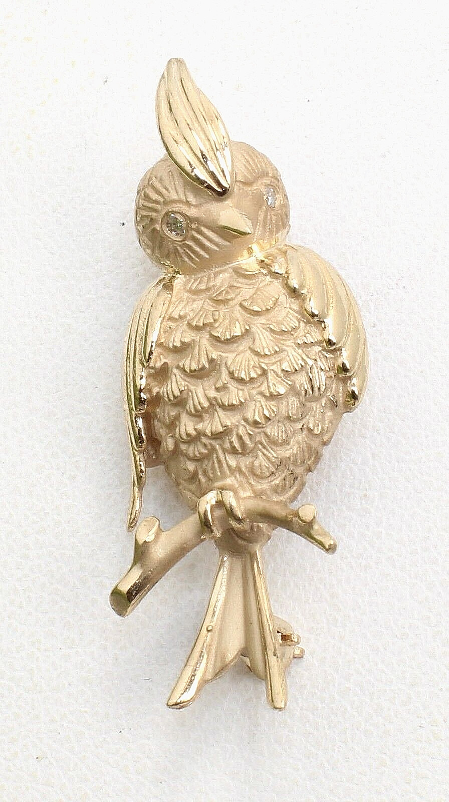 Vintage Parakeet 14k Solid Gold 5.7g Bird on Branch Pin Brooch Diamond Eyes 1.5″