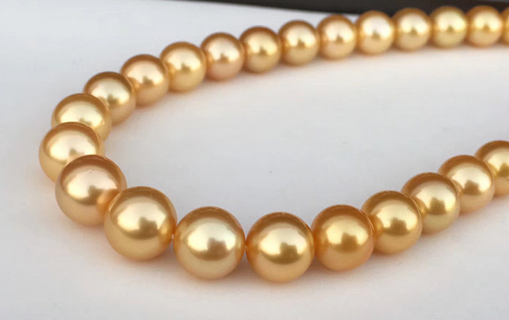 17″10-12MM NATURAL SOUTH SEA GENUINE GOLD COLOR ROUND PEARL NECKLACE 2889