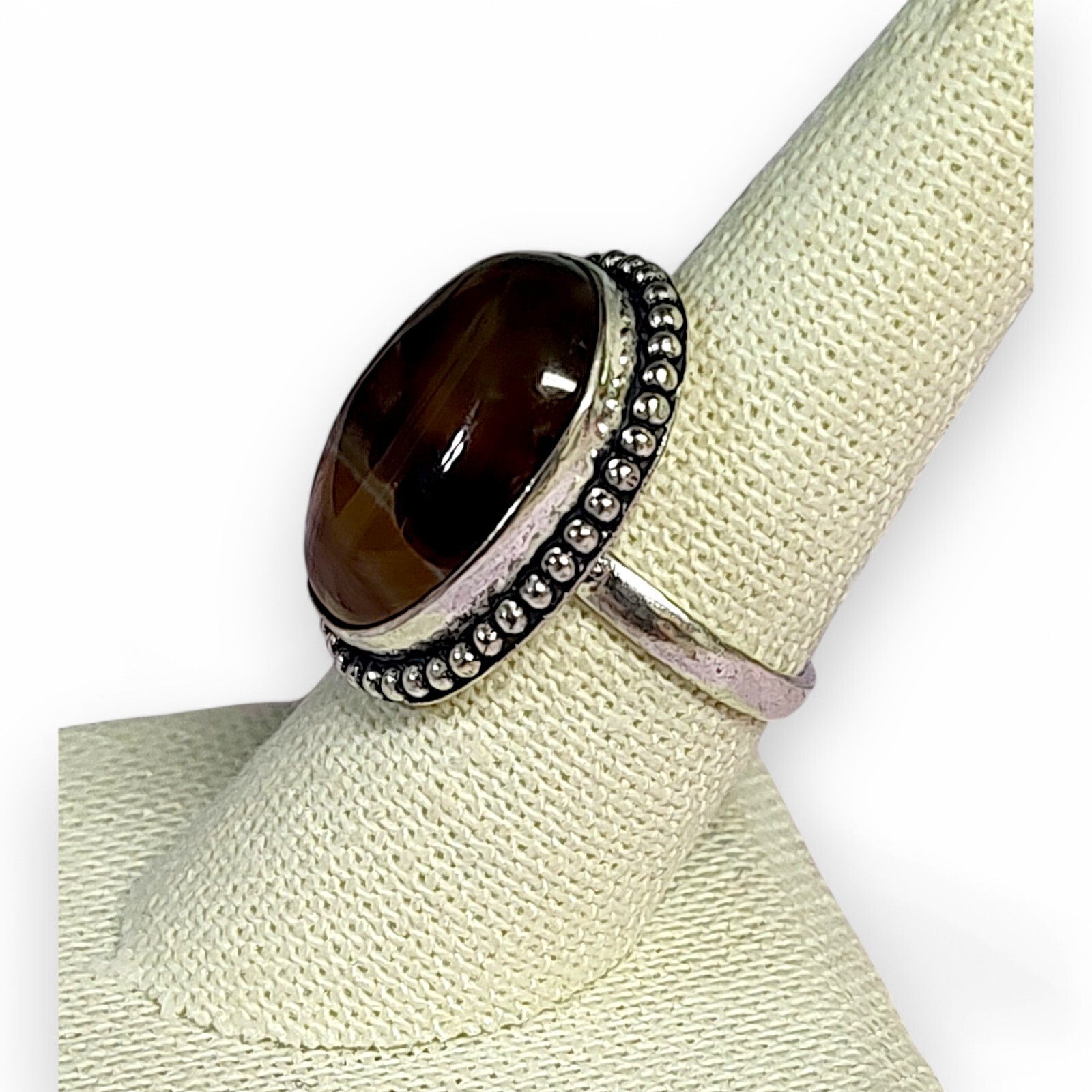 Classic Chunky Orange Banded Agate Cabochon Silver Tone Statement Ring Size 8.25