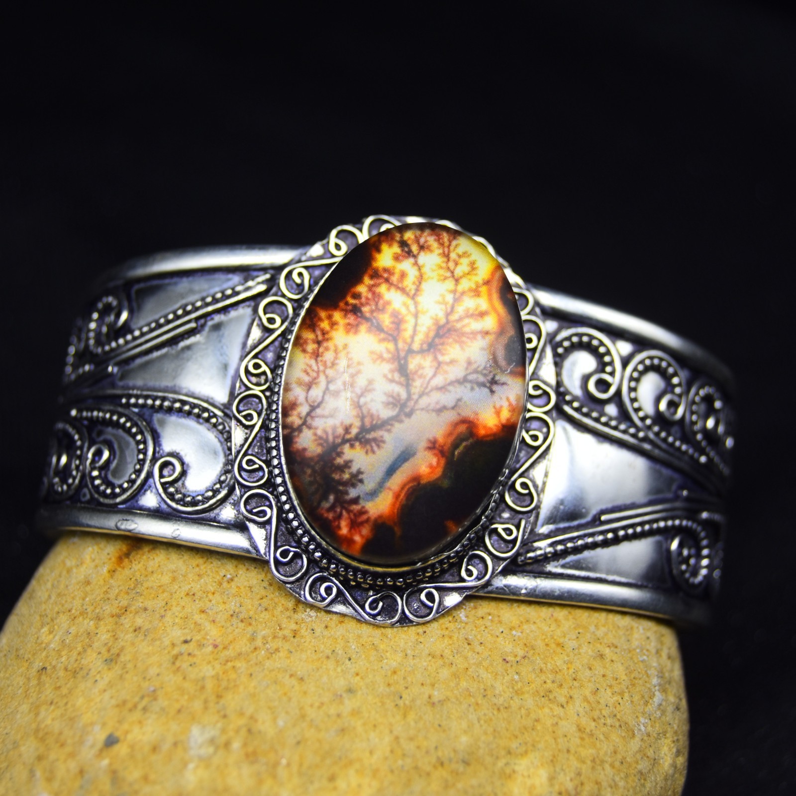 925 Sterling Silver Fire Dendrite Agate Gemstone Cuff Bracelet Jewelry ADJ 8″