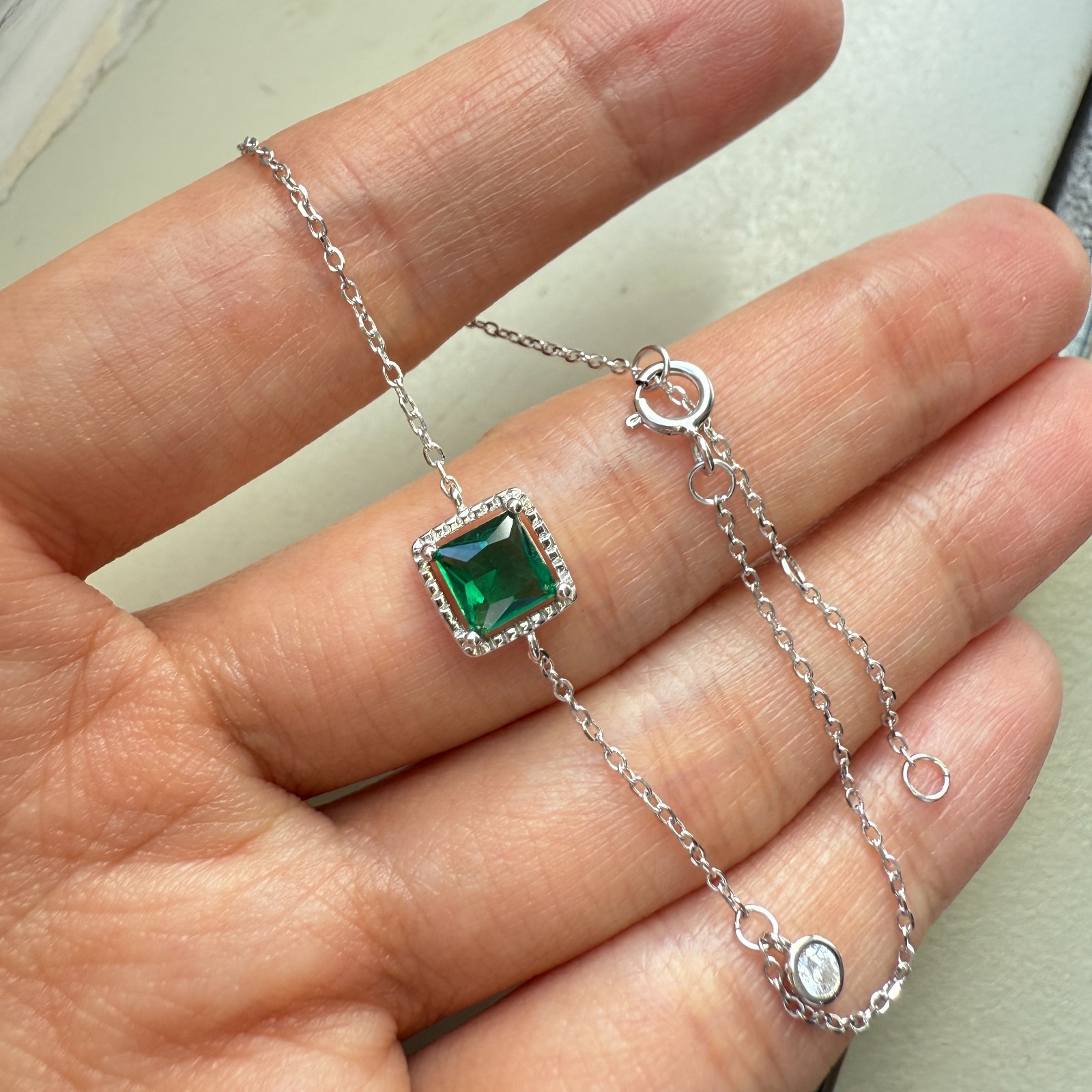 925 Sterling Silver Bracelet 5mm Natural Emerald Gemstone Zircon Cube Chain Cute