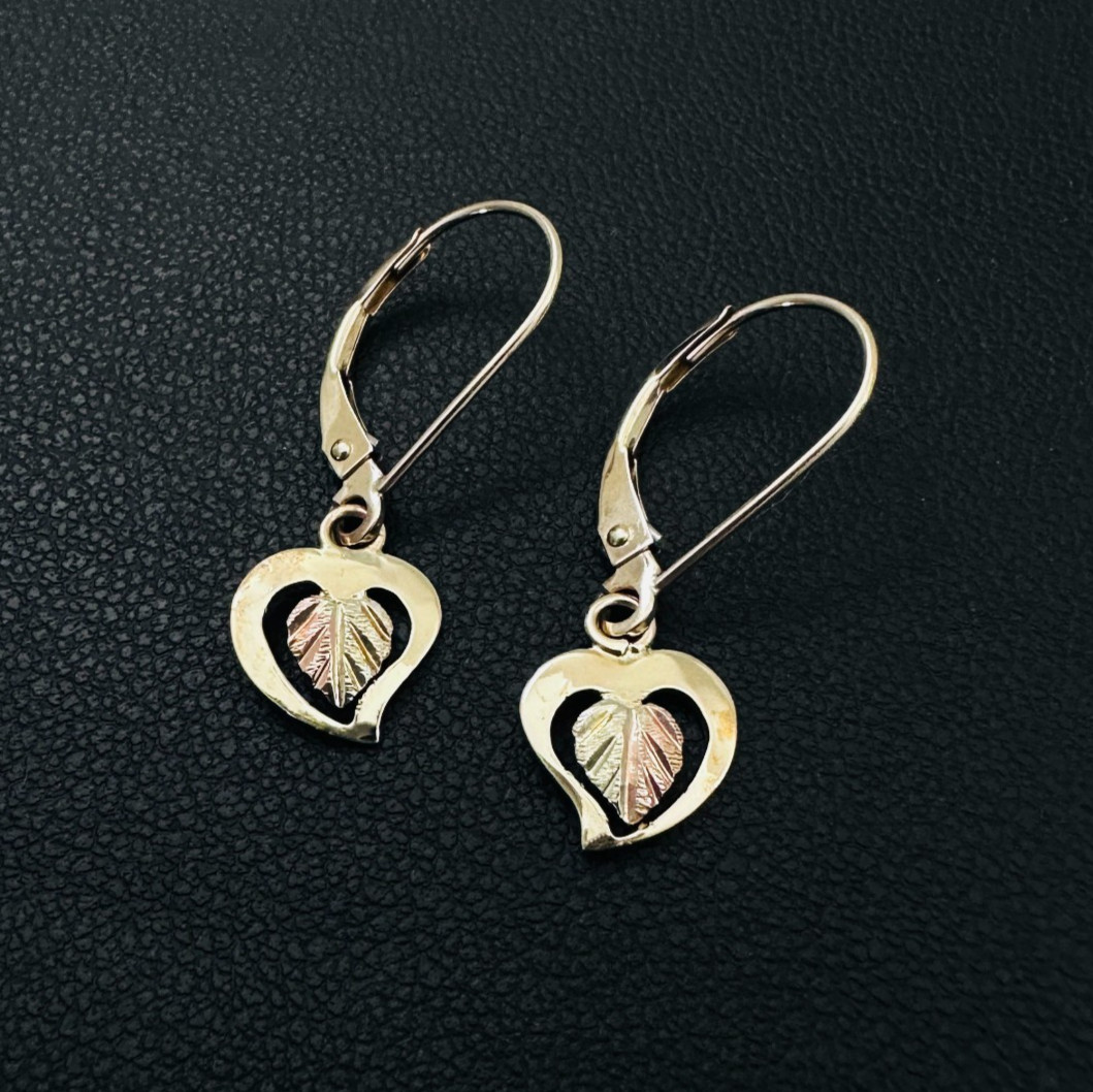 Vintage 10K & 12K Multi-Tone Gold Black Hills Leverback Dangle Heart Earrings