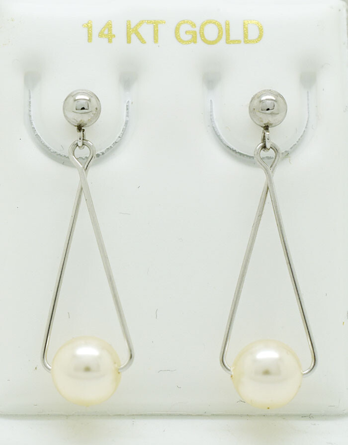 GENUINE PEARL DANGLING EARRINGS 14K WHITE GOLD * Free Shipping * Made in USA