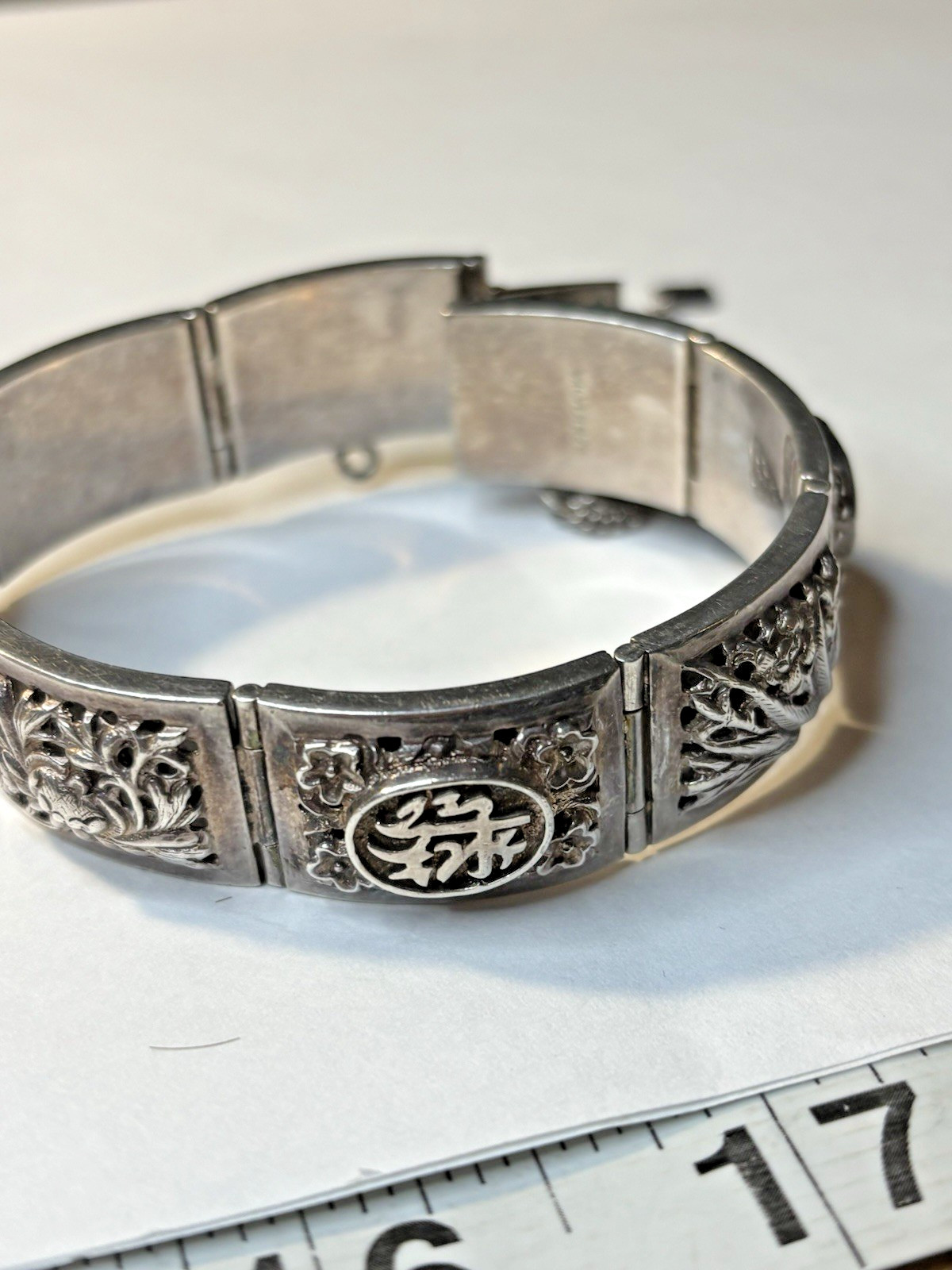 Sterling Silver Antique Chinese Character Lotus Oxidized Panel Bracelet 7″ 39.3g