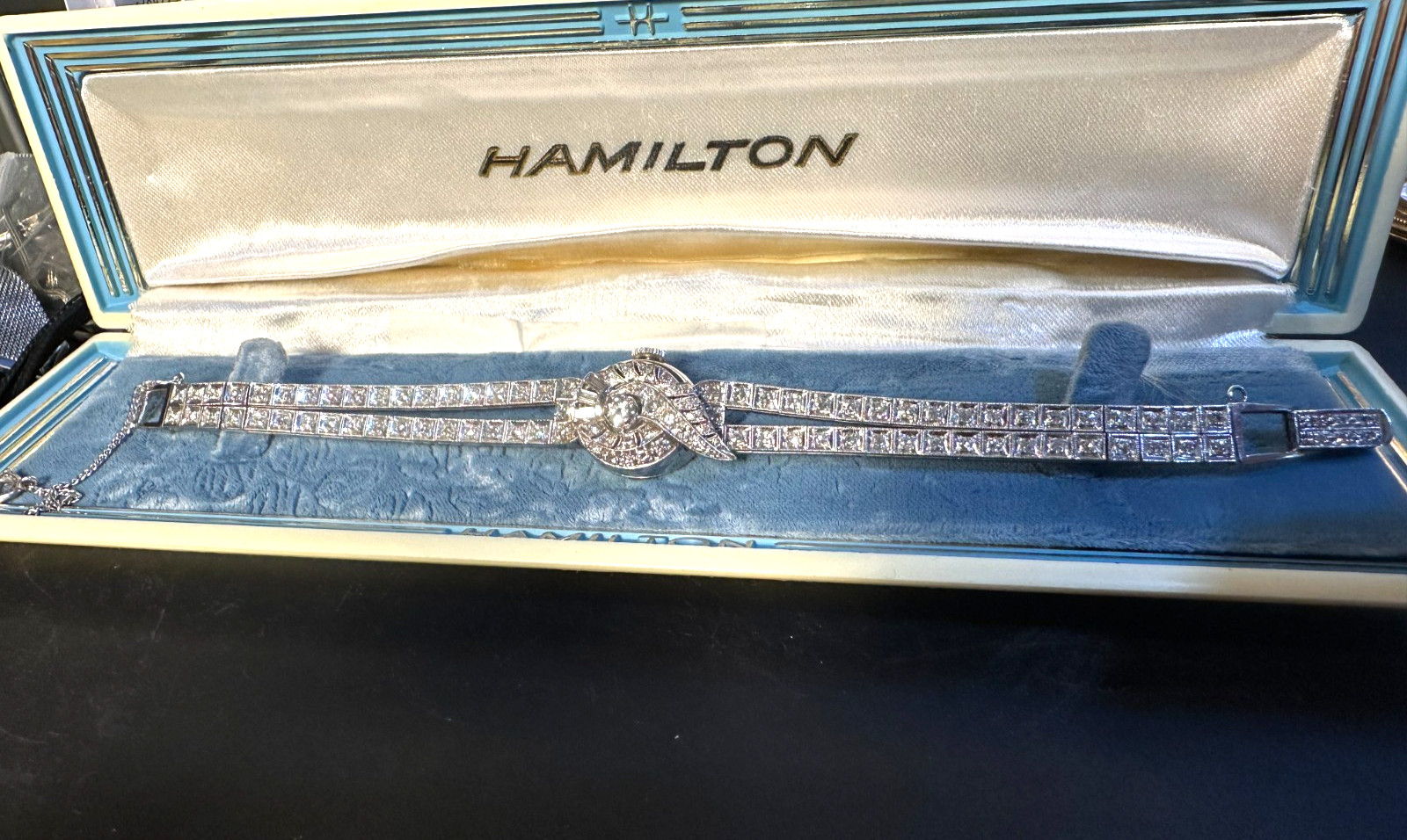 14k Solid Gold Ladies Diamond Double Tennis Bracelet Hamilton Wristwatch 26.3gr