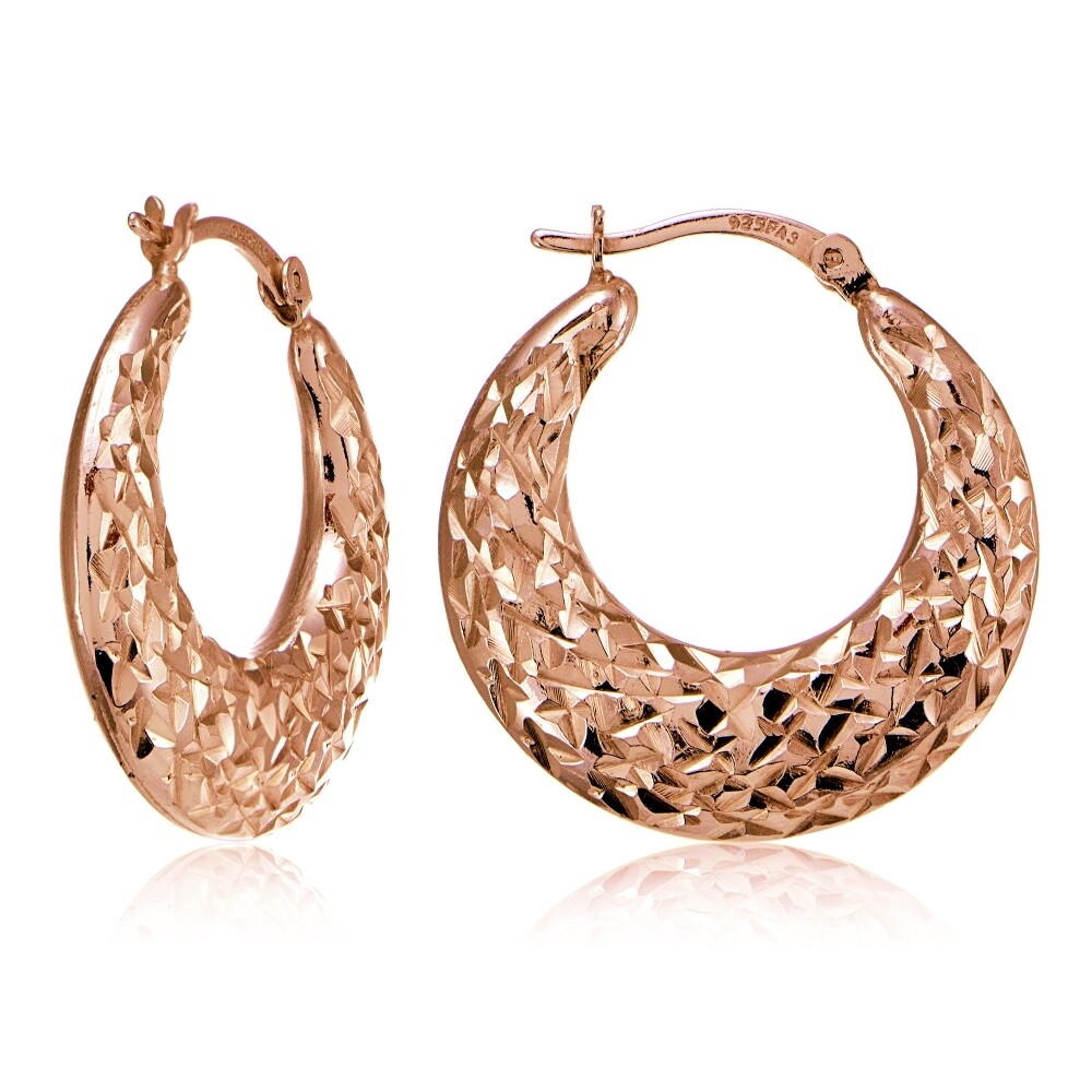 Rose Gold Tone over Silver High Polished Diamond-Cut Textured Hoop Earrings