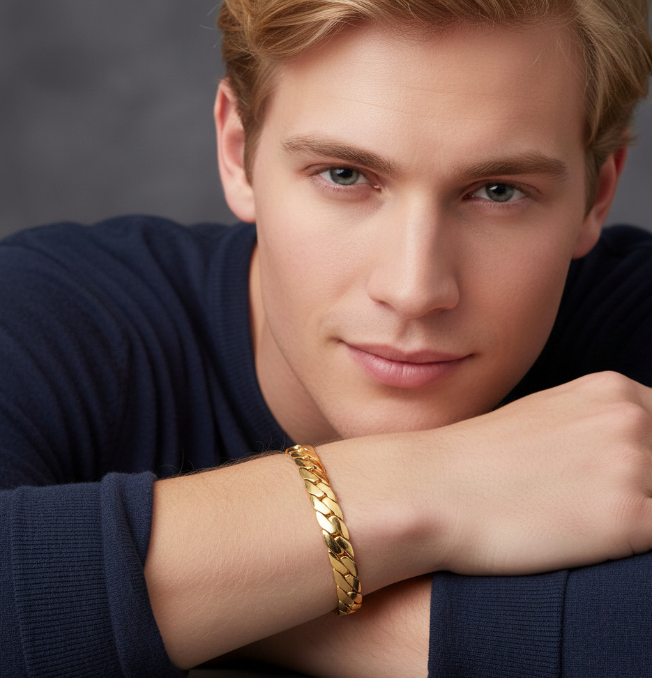18k Gold Chain Bangle 6MM Men 21cm Men Bracelet Women Gold Plated Jewelry