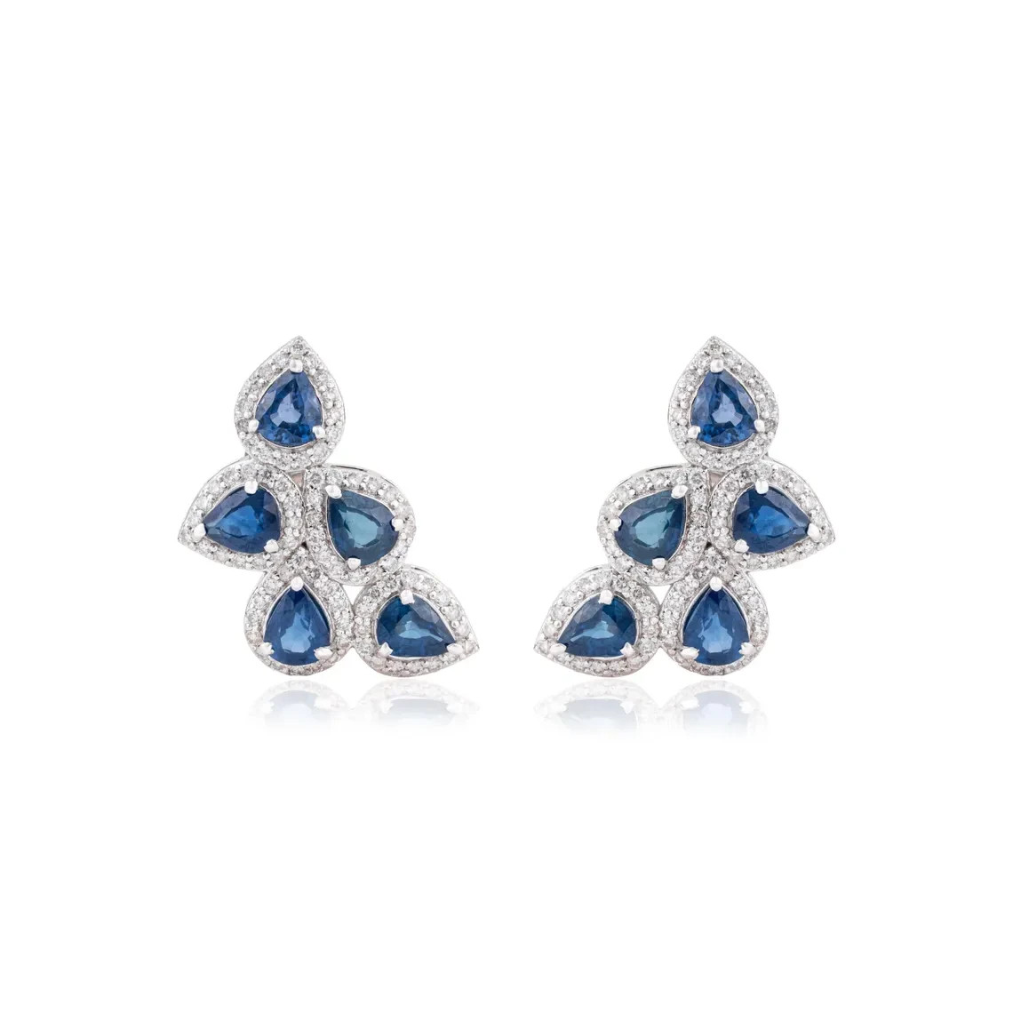 September Birthstone Stud Earrings Pear Natural Sapphire & Diamond 14k Gold