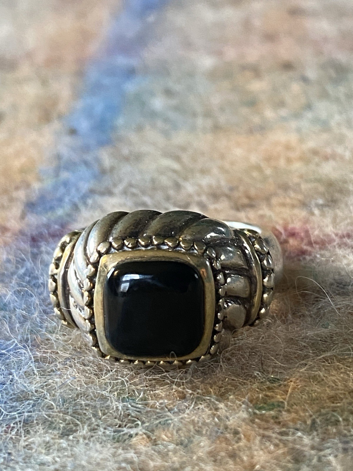 925 Sterling Silver Black Onyx Square Ring Sz 8 Brass Detail Ring Designer FAS
