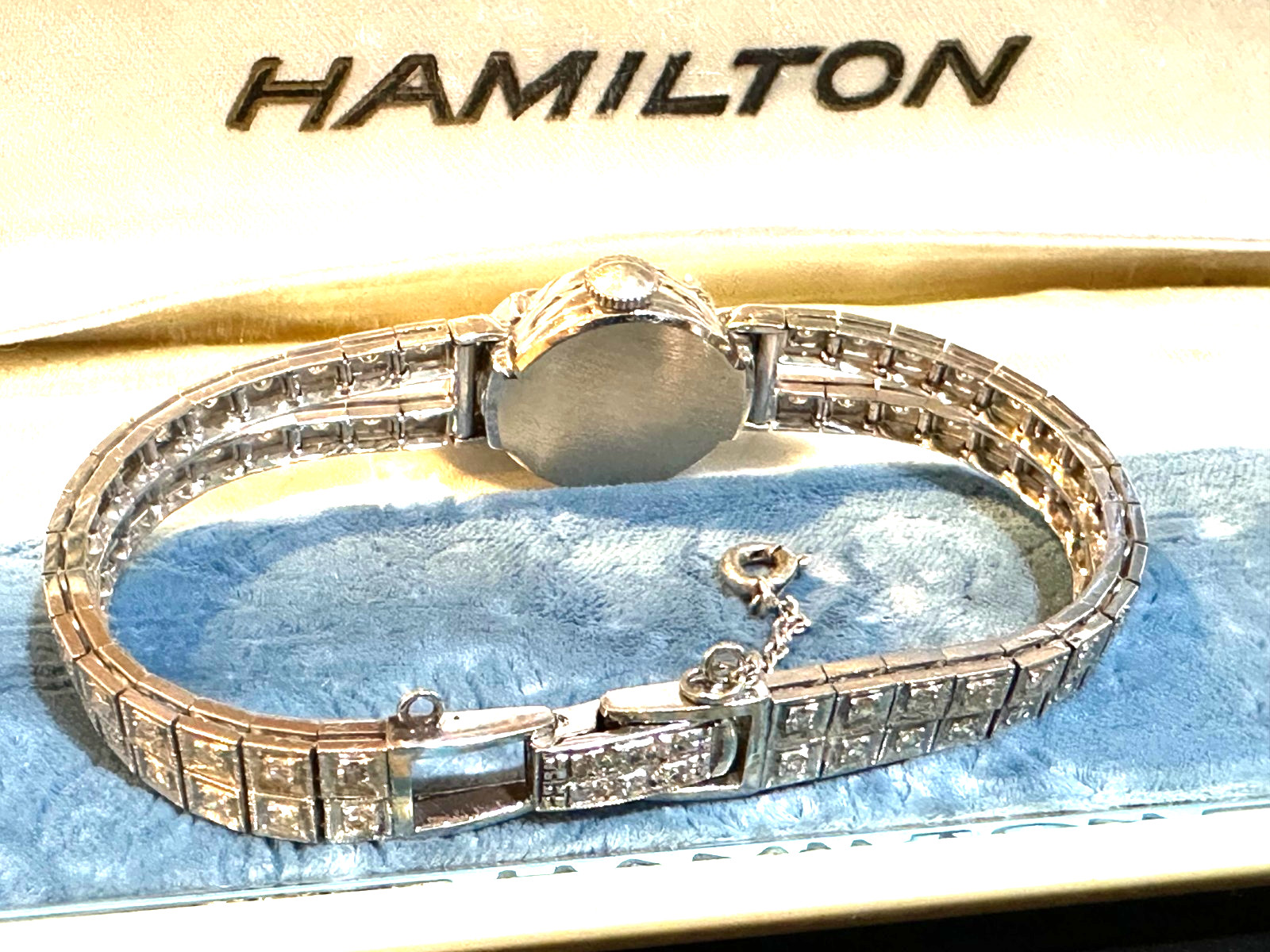 14k Solid Gold Ladies Diamond Double Tennis Bracelet Hamilton Wristwatch 26.3gr