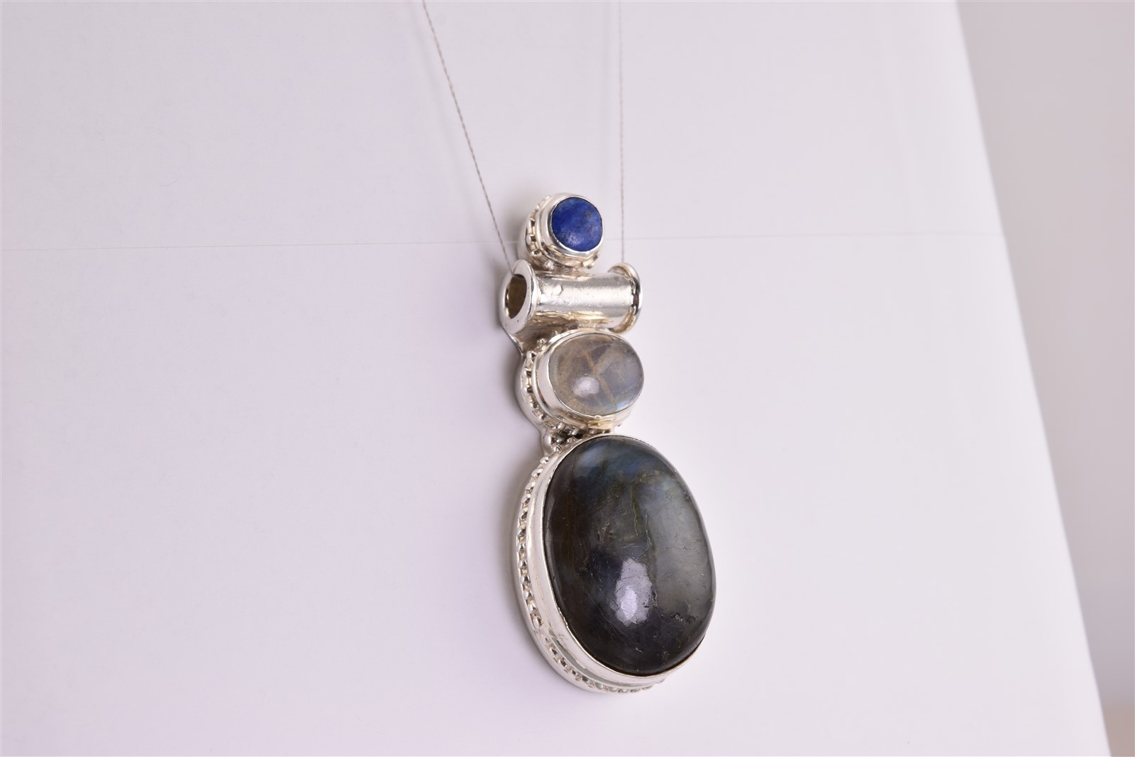 Sterling Silver 48mm x 17mm Labradorite Moonstone Lapis Slider 925 Pendant