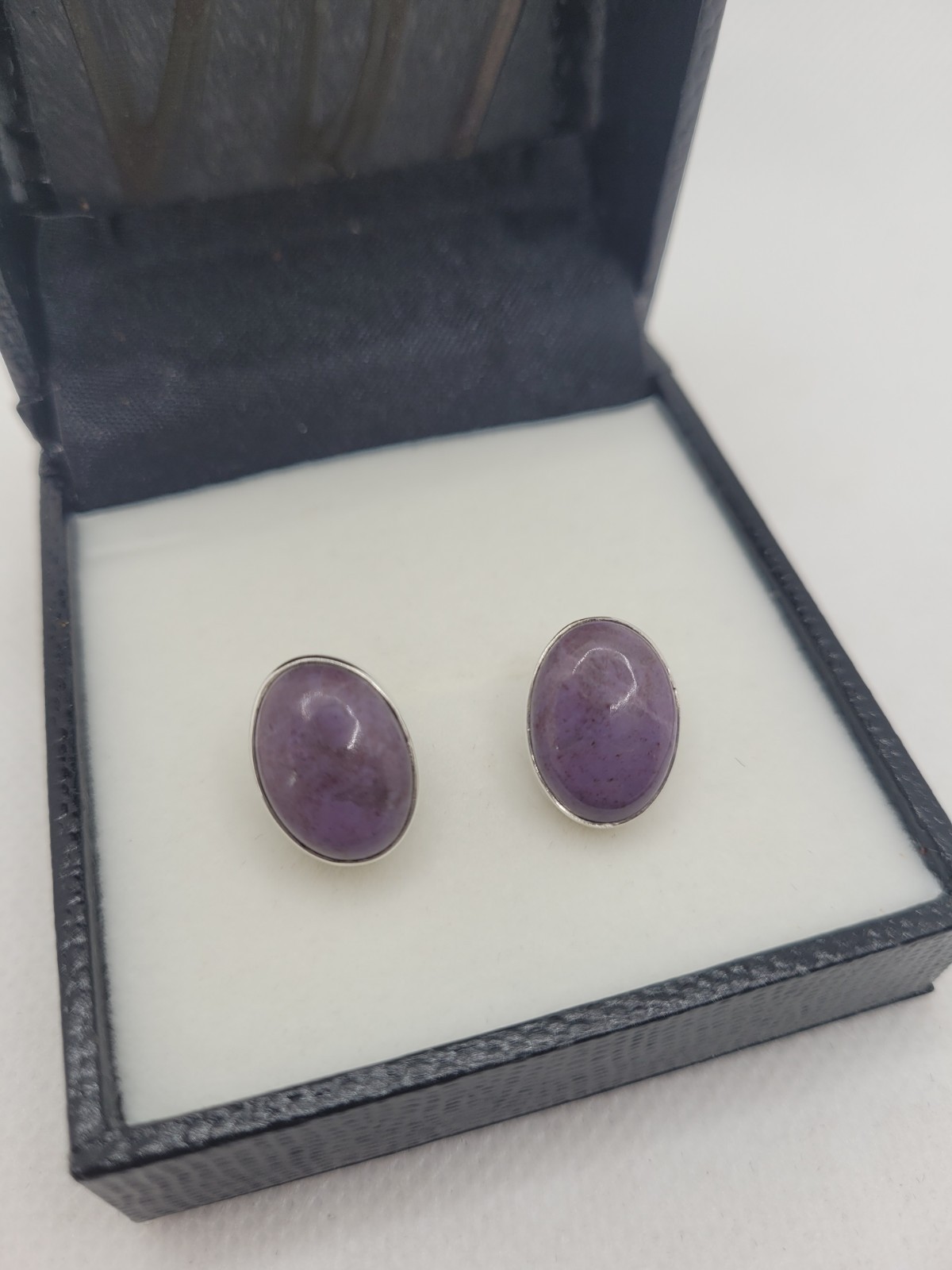 Genuine Gemstone Lavender Jade Purple Cabochon Oval 925 Silver Stud Earrings