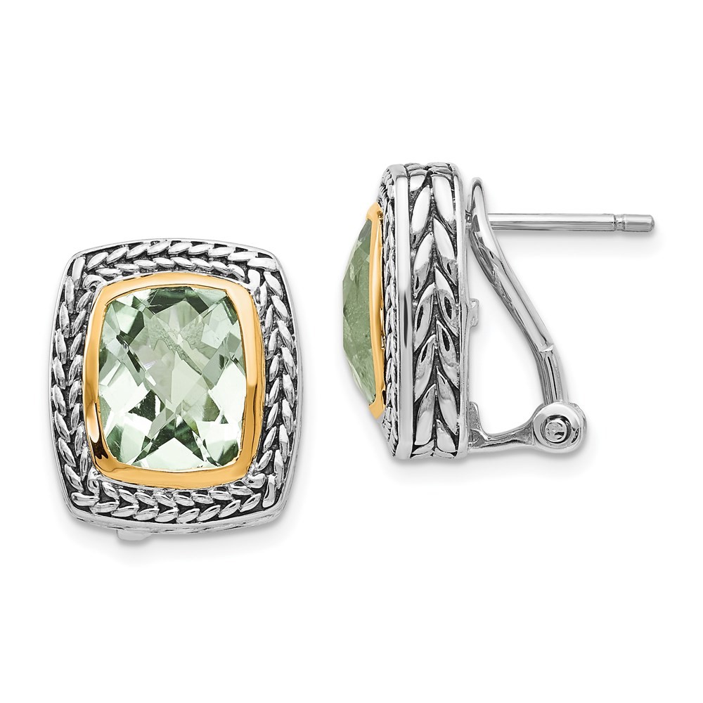 Sterling Silver 14K Accent Cushion Green Quartz Stud Earrings Omega Back