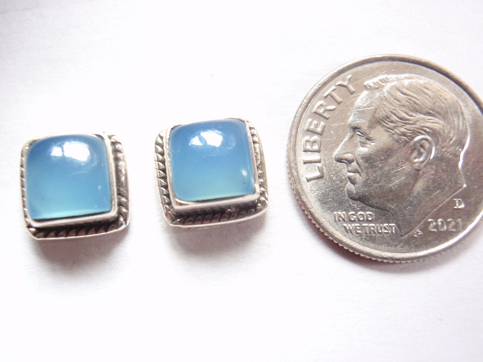 Chalcedony Square 925 Sterling Silver Stud Earrings with Rope Style Accents