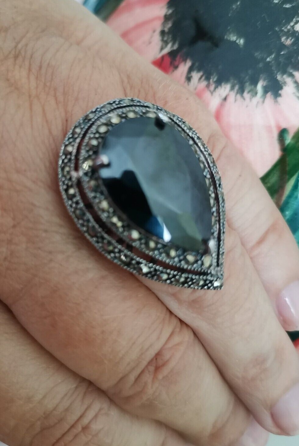 Large Pear Shape Hematite Stone Surround By Marcasite Set in 925 Silver Size N