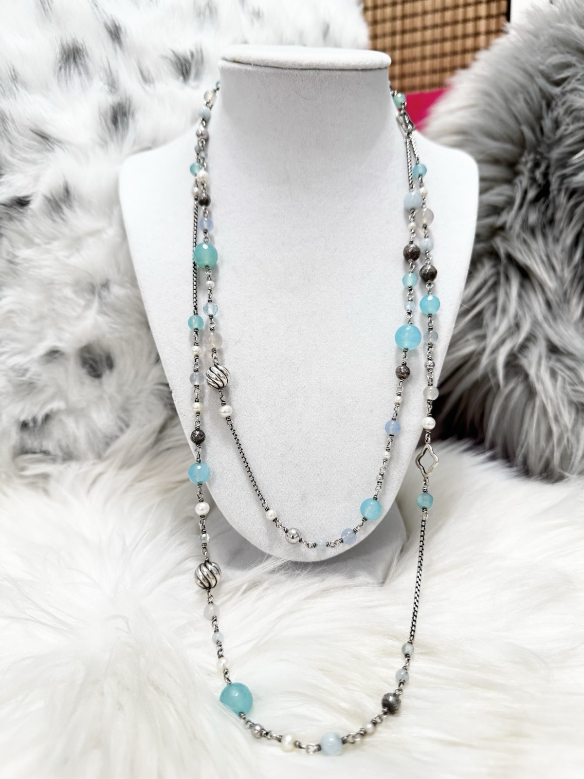 David Yurman 50” Chalcedony Quartz Quatrefoil Pearl Long Station Necklace .925