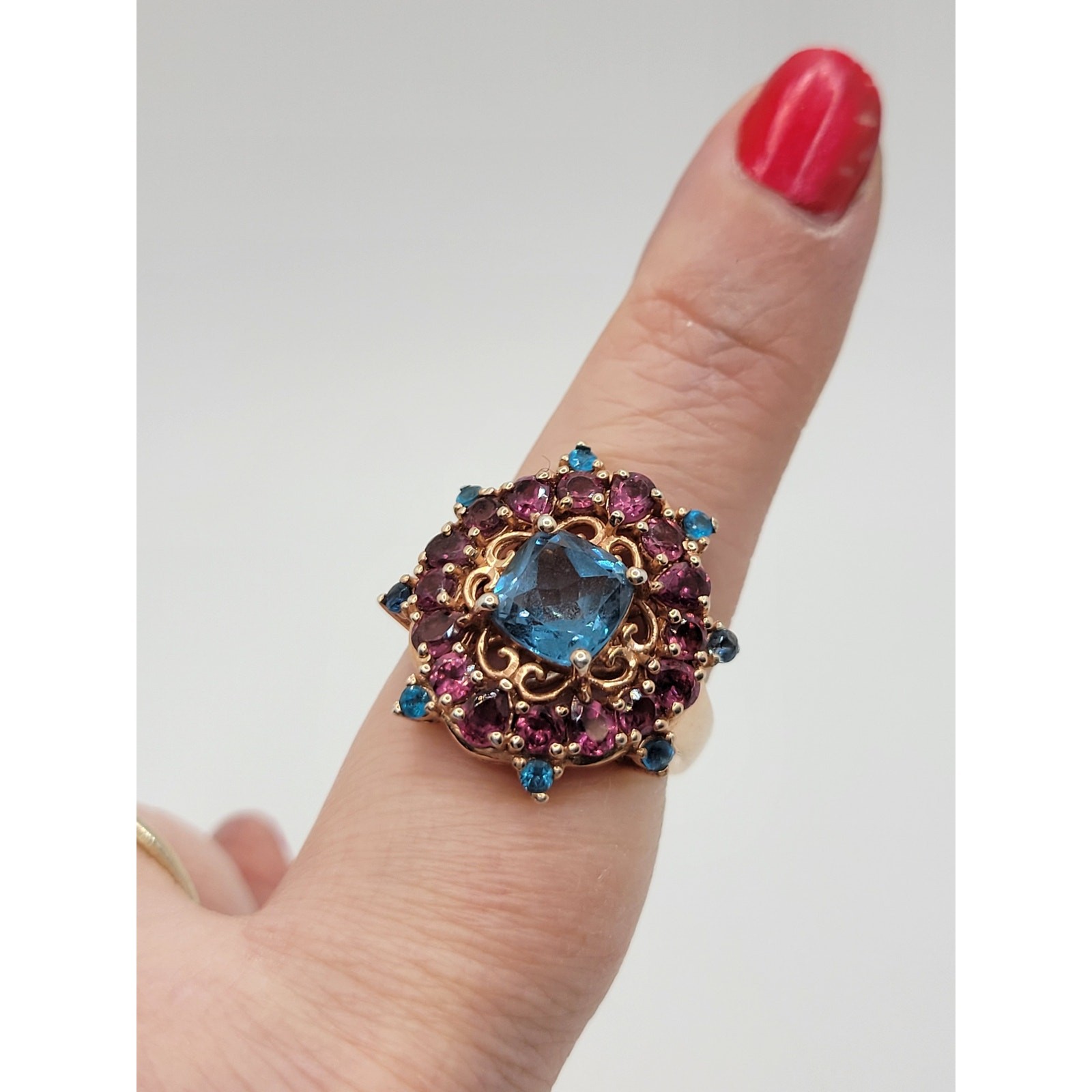 Garnet Blue Topaz Floral Ring Cocktail Rose Gold Sterling 925 Purple Stone