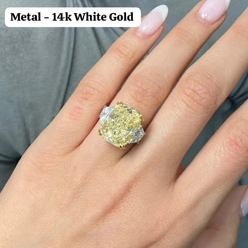 Fancy Vivid Yellow Cushion Cut Lab-Grown Diamond Ring 14k White Gold Best Gift