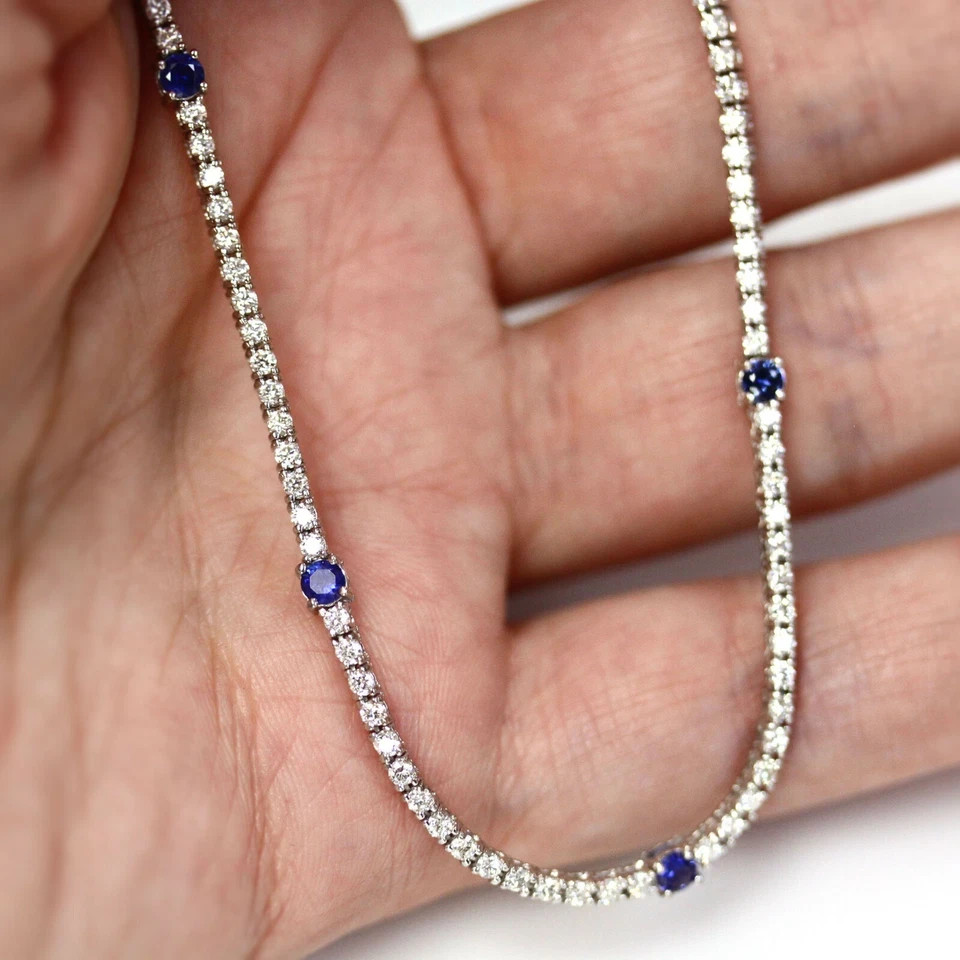 7Ct Lab Created Blue Sapphire Diamond 14k White Gold Plated Tennis Necklace 17″