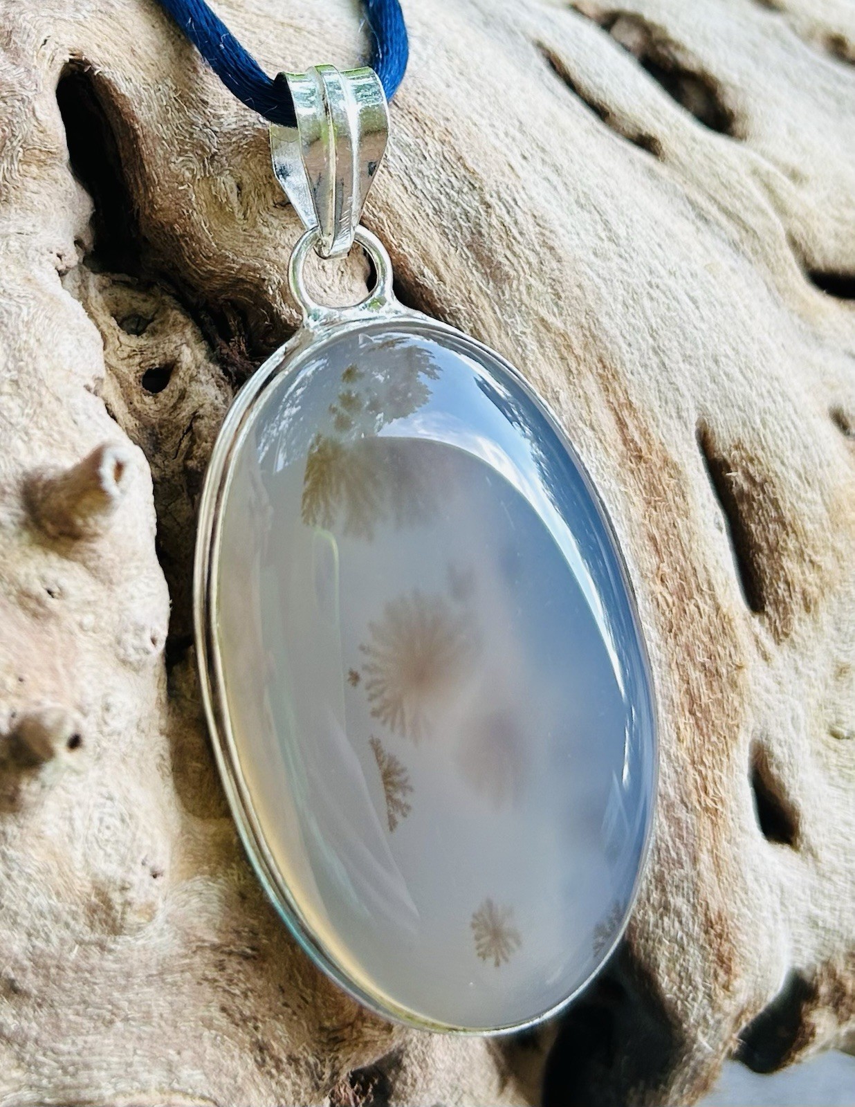 Translucent DENDRITIC AGATE Dendrite Oval Sterling Silver Pendant 925