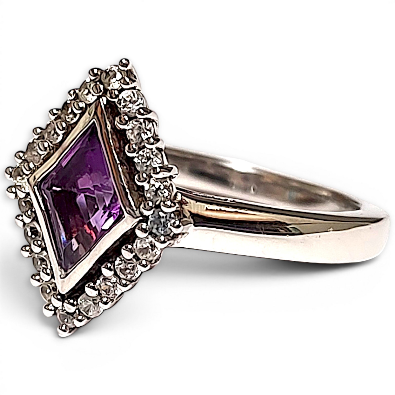 D’joy Lozenge Cut Amethyst Zircon Halo In Platinum o/ Sterling 925 Ring Size 8.5