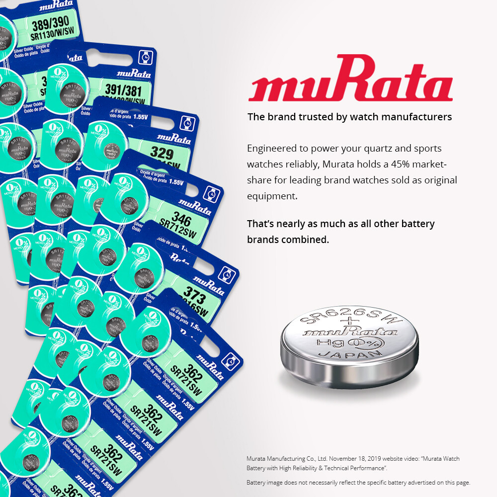 Murata SR 1.55V Silver Oxide Watch Batteries Low/High/Dual Drain (5 Batteries)