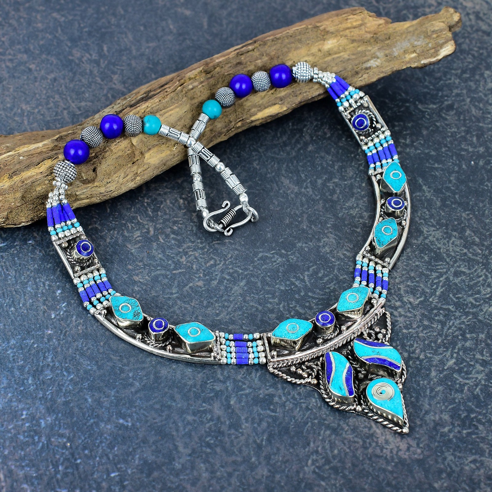 Turquoise, Lapis Lazuli Gemstone Handmade 925 Sterling Silver Nepali Necklace
