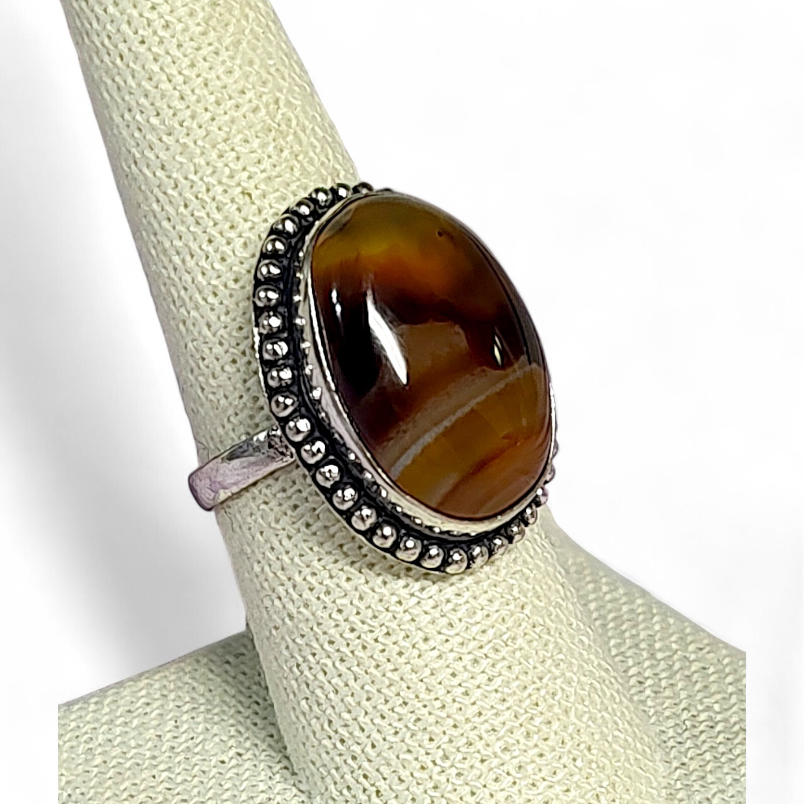 Classic Chunky Orange Banded Agate Cabochon Silver Tone Statement Ring Size 8.25
