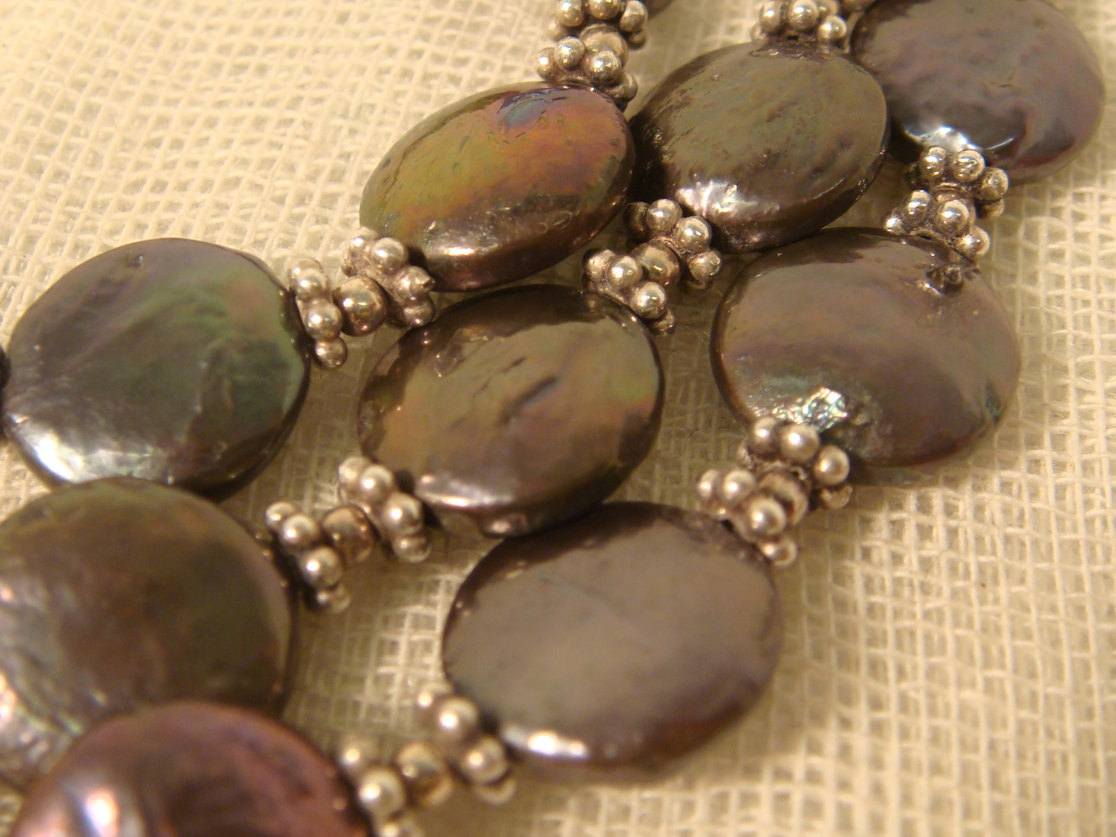 BLACK BAROQUE BUTTON PEARL NECKLACE FLAT STERLING 17″ LONG