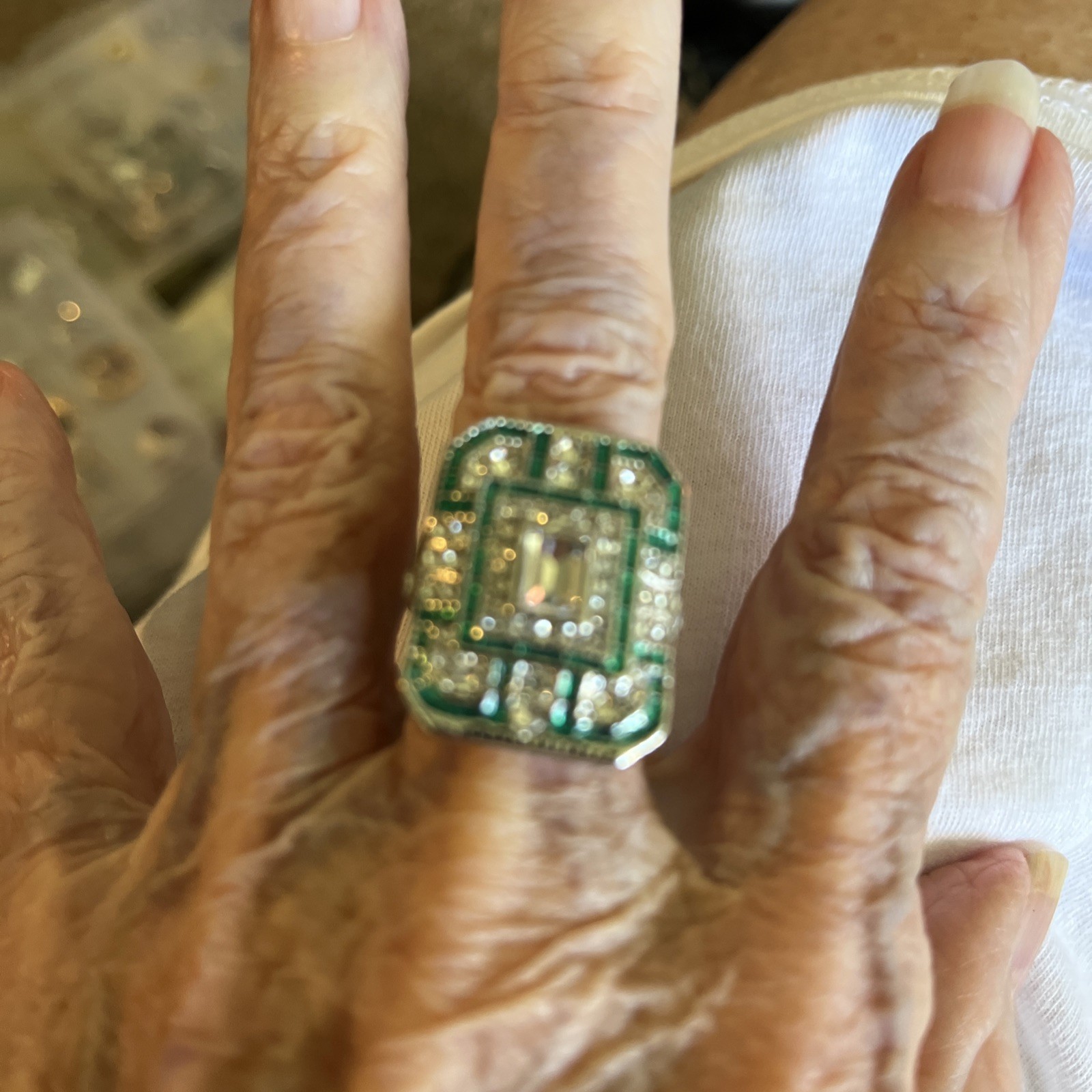 Ring Sz 7. Checkerboard Silver Ring. Green And Clear In Silver